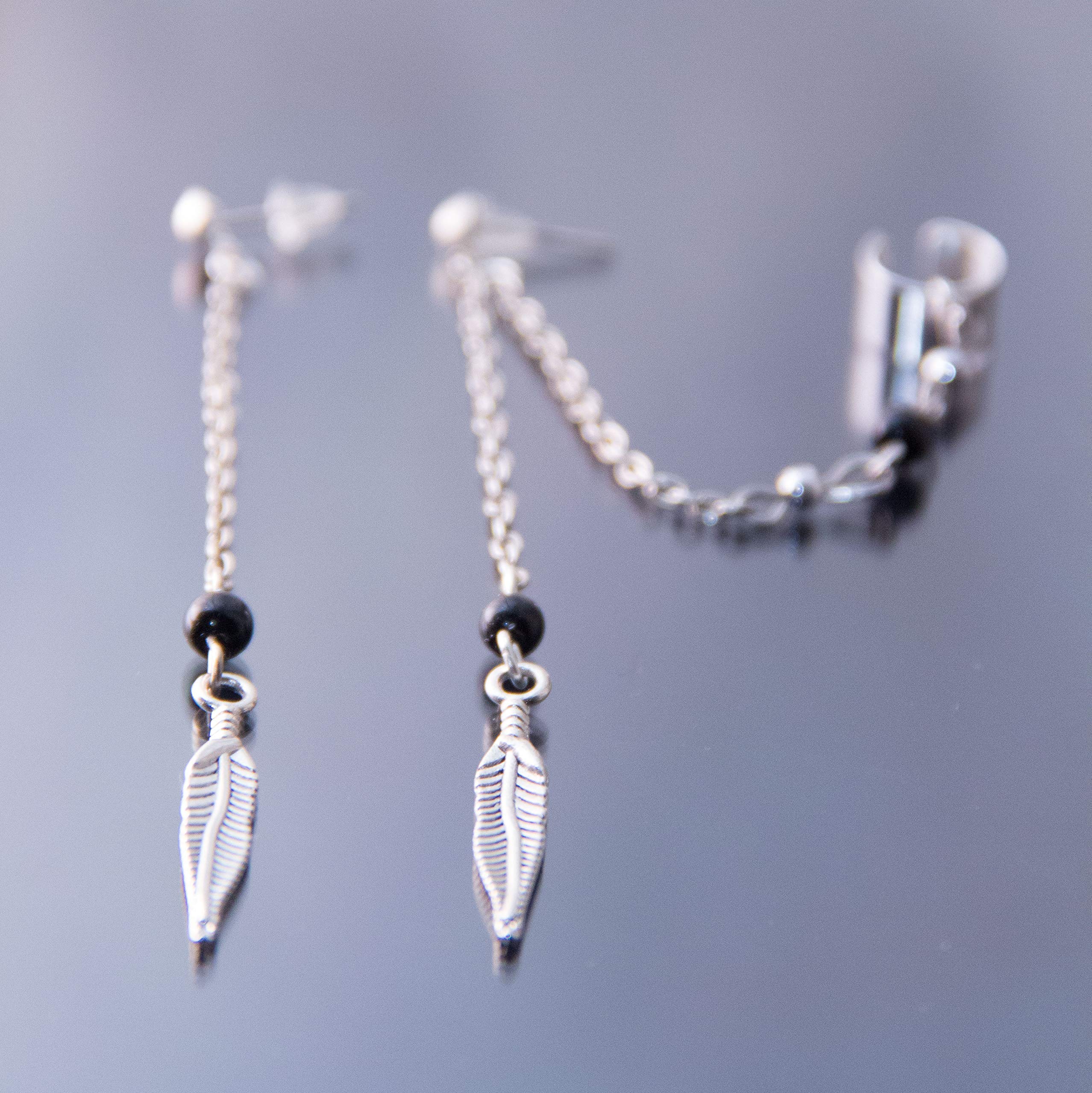 Handmade Silver Feather Charm Dangle Ear Cuffs - No Piercing Cartilage Earrings Set with Leaf Design | Boho Chic Jewelry for Women, Perfect for Parties, Weddings & Everyday Wear
