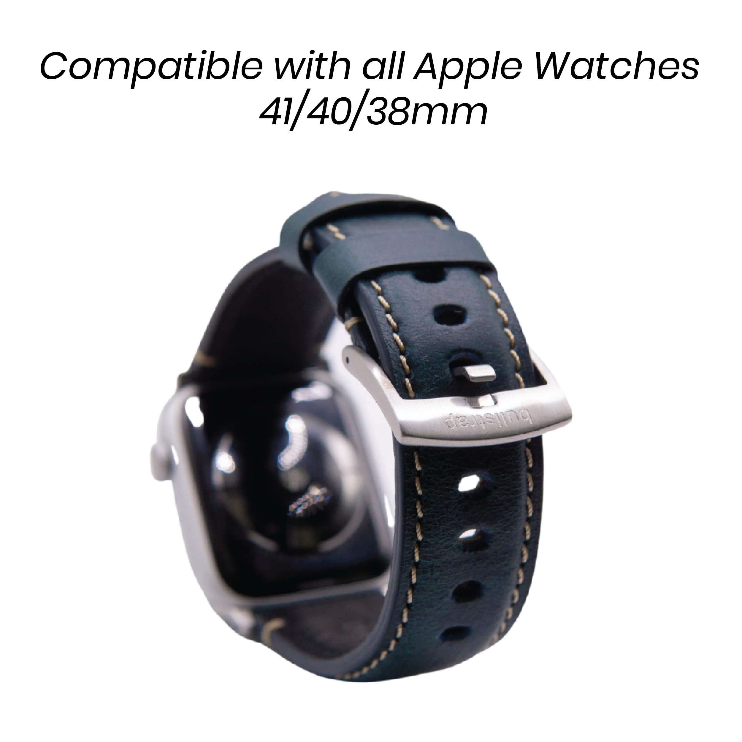 Premium Bullstrap Men's Full-Grain Italian Leather Watch Band - Compatible with Apple Watch Series 1-8 - Durable & Stylish Replacement Strap for Work, Travel & Everyday Wear