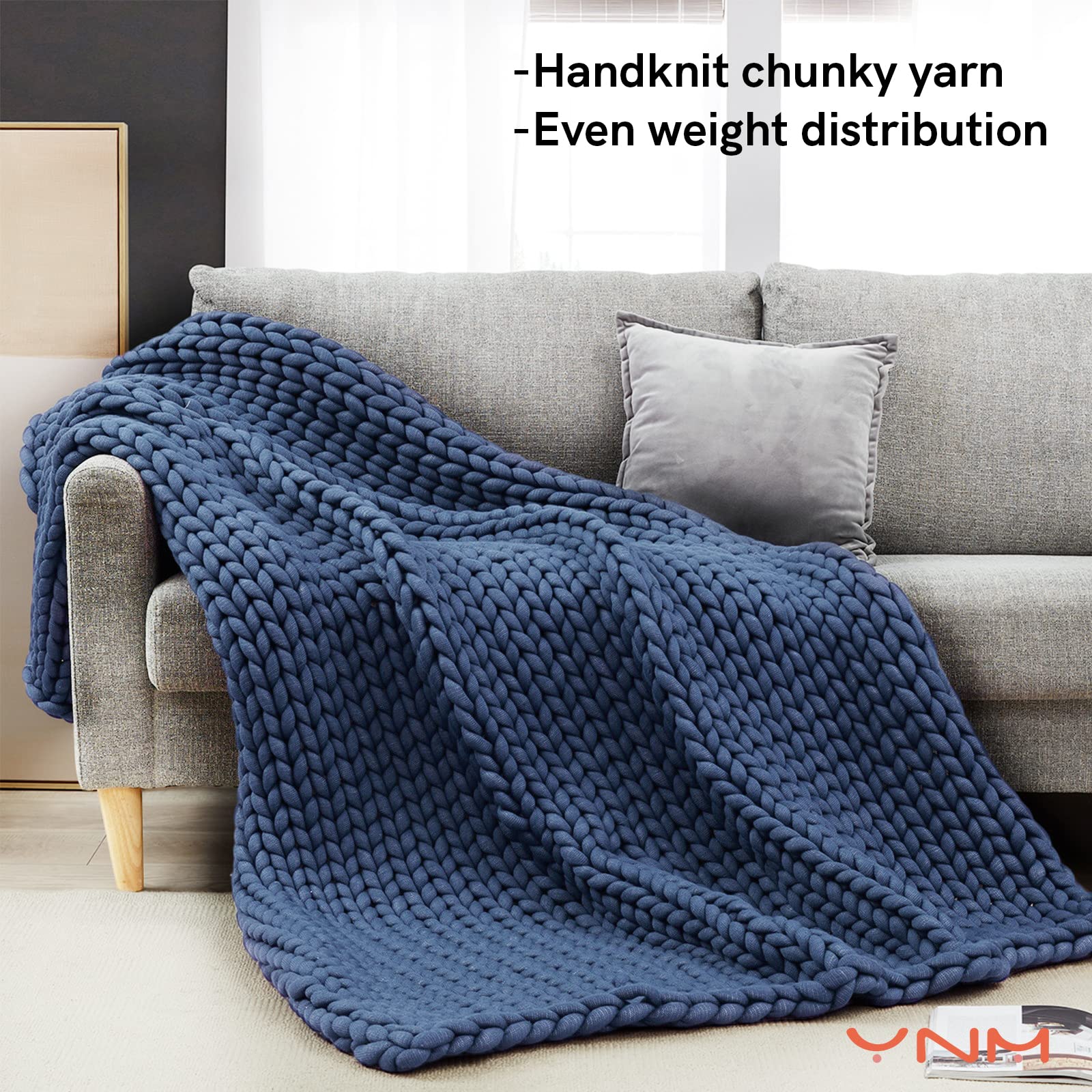 YnM Handmade Chunky Knit Weighted Blanket 20lbs - 60x80 Inch Denim Blue - Premium Heavy Knitted Throw for Anxiety Relief & Better Sleep - Perfect for Bedroom, Living Room & Stress Relief Therapy