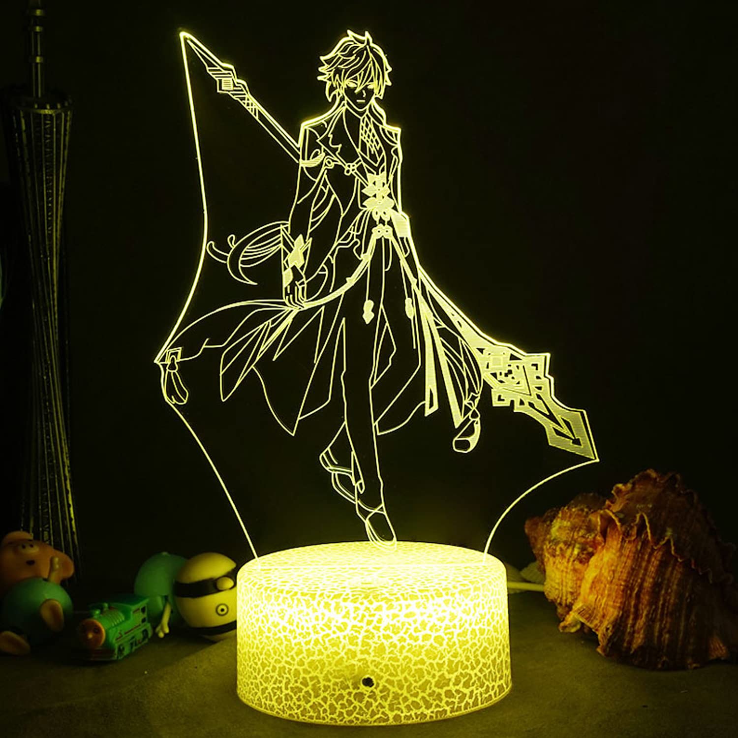 Zhongli Anime Game 3D LED Night Light - 16 Color Changing Table Lamp with Remote Control for Bedroom Decor, Gaming Room & Office - Perfect Gift for Genshin Impact Fans (1442 Zhongli)