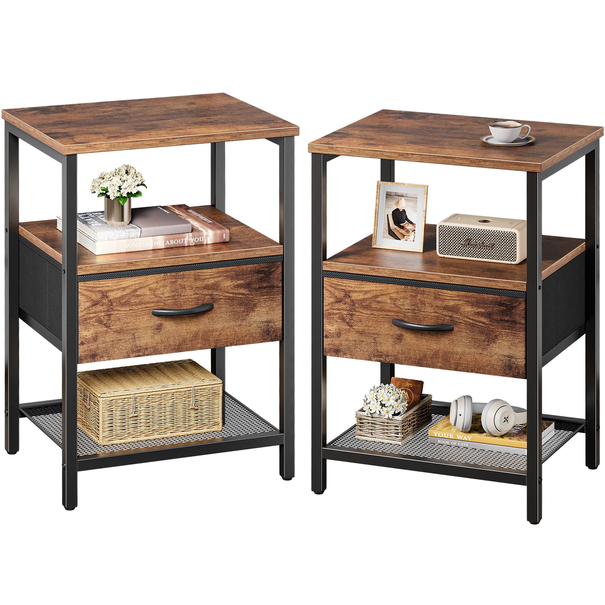 Huuger 2-Piece Nightstand Set with Fabric Drawer & Mesh Shelf - Rustic Brown Bedside Storage Tables with Metal Frame for Bedroom | Perfect for Small Spaces, Apartment Living & Guest Rooms