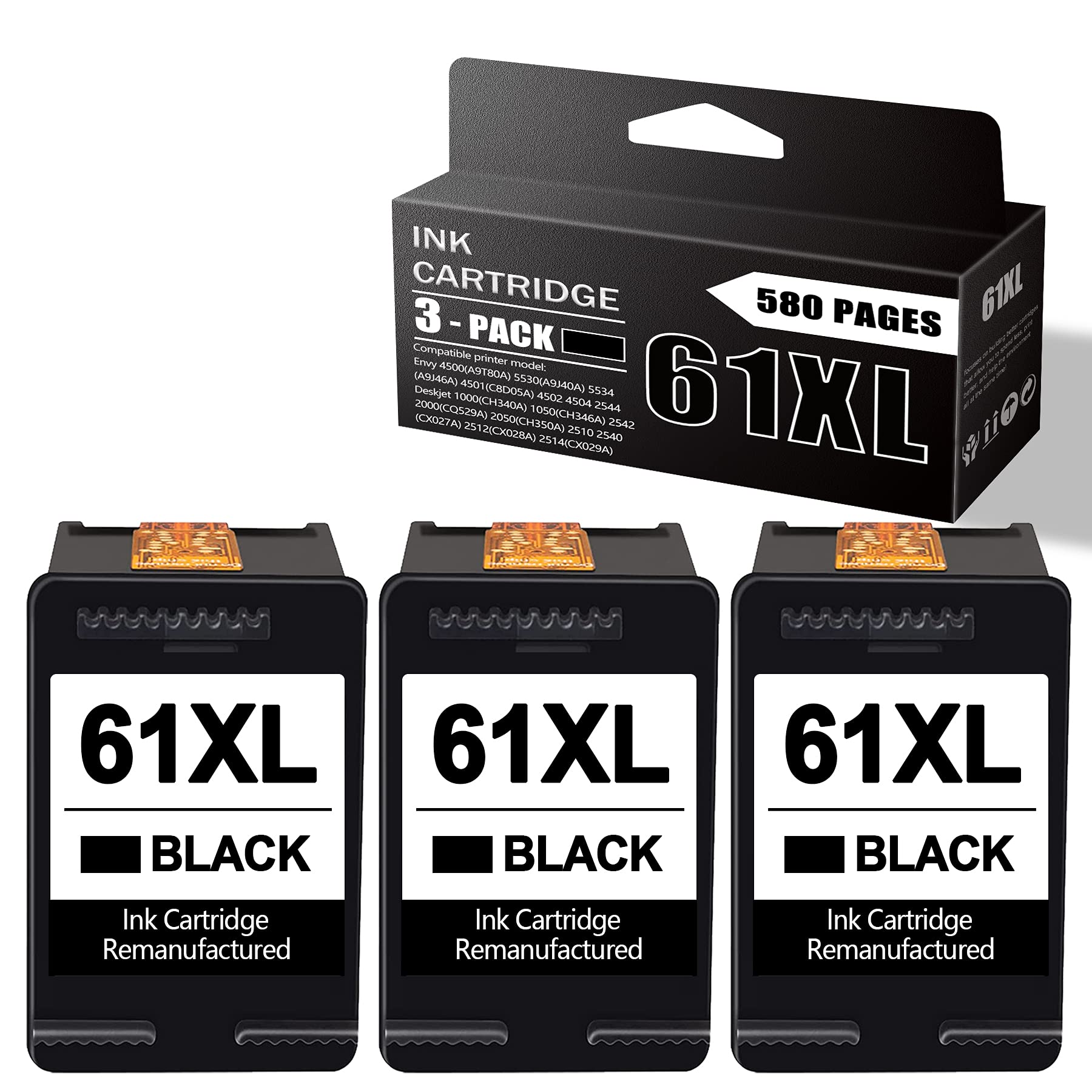 3-Pack Black Remanufactured 61XL/CH563WN Ink Cartridges - Compatible with HP Envy 4500, 5530, 5534, 4501, 4502, 4504, 5531 & Deskjet 1000, 1050 Printers - High-Quality Replacement Ink for Home & Office Printing