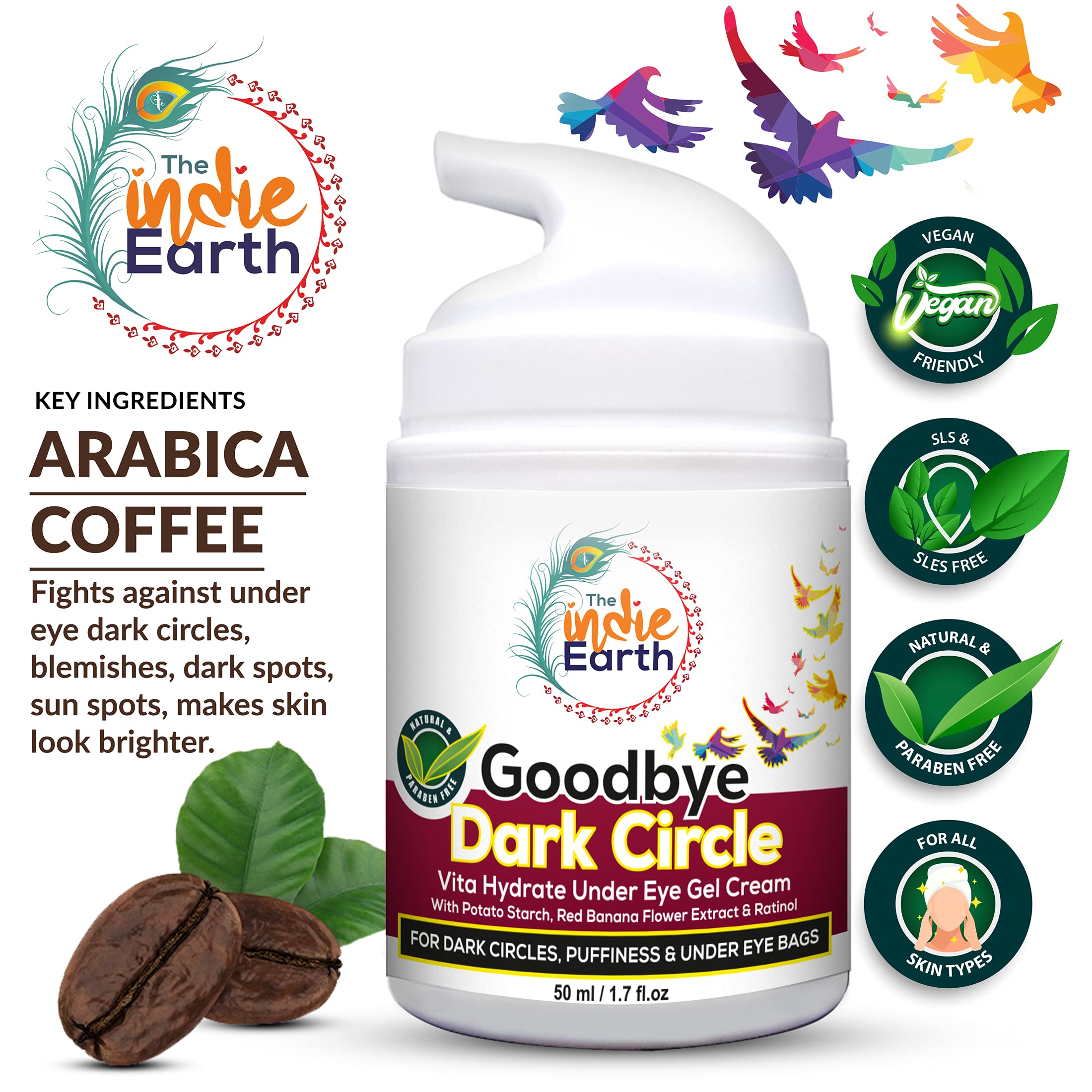 Indie Earth Goodbye Dark Circles Vita Rich Under Eye Gel Cream – 50ml with Potato Starch, Red Banana Flower Extract & Retinol | Best Eye Gel for Dark Circles, Puffiness & Fine Lines | Perfect for Night Routine & Travel Skincare