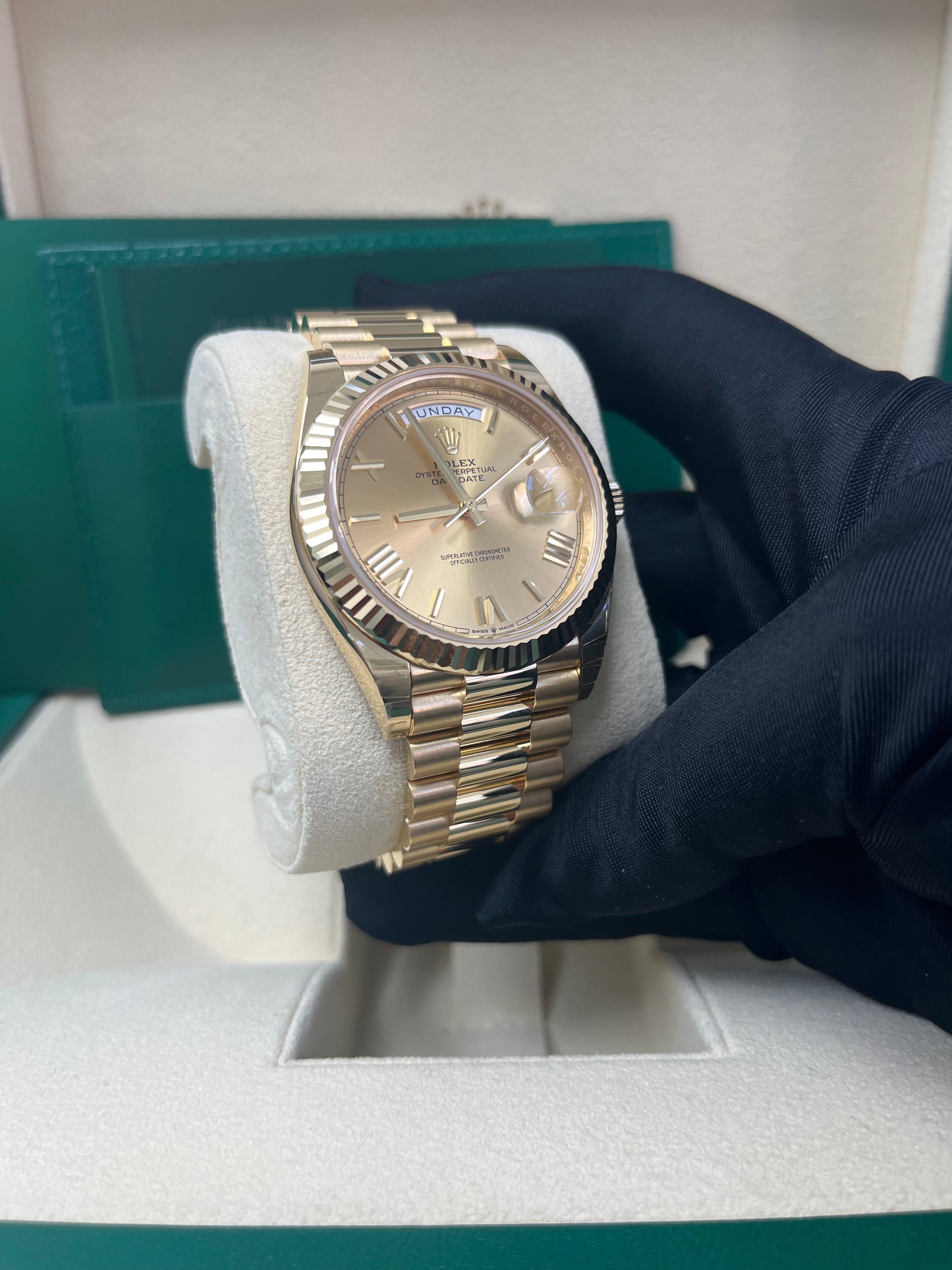 Rolex Day Date 40mm 18K Yellow Gold Men's Watch with Champagne Roman Dial & Fluted Bezel (Ref #228238) - Luxury Dress Watch for Business & Formal Occasions