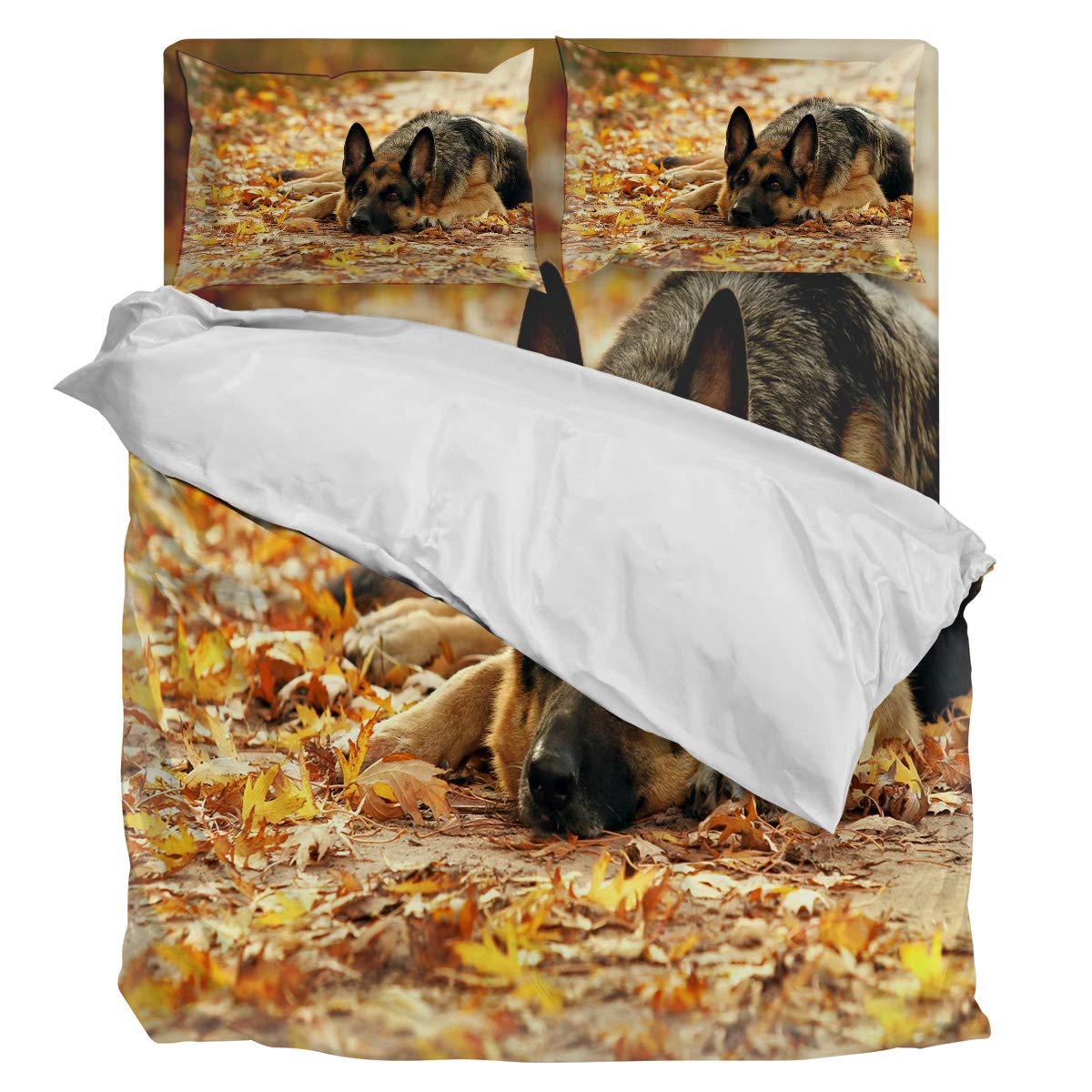 German Shepherd Dog Themed 4-Piece Queen Size Duvet Cover Set - Soft Luxury Maple Leaf Autumn Design (1 Duvet Cover, 1 Fitted Sheet, 2 Pillowcases) - Perfect for Pet Lovers' Bedrooms & Cozy Fall Decor