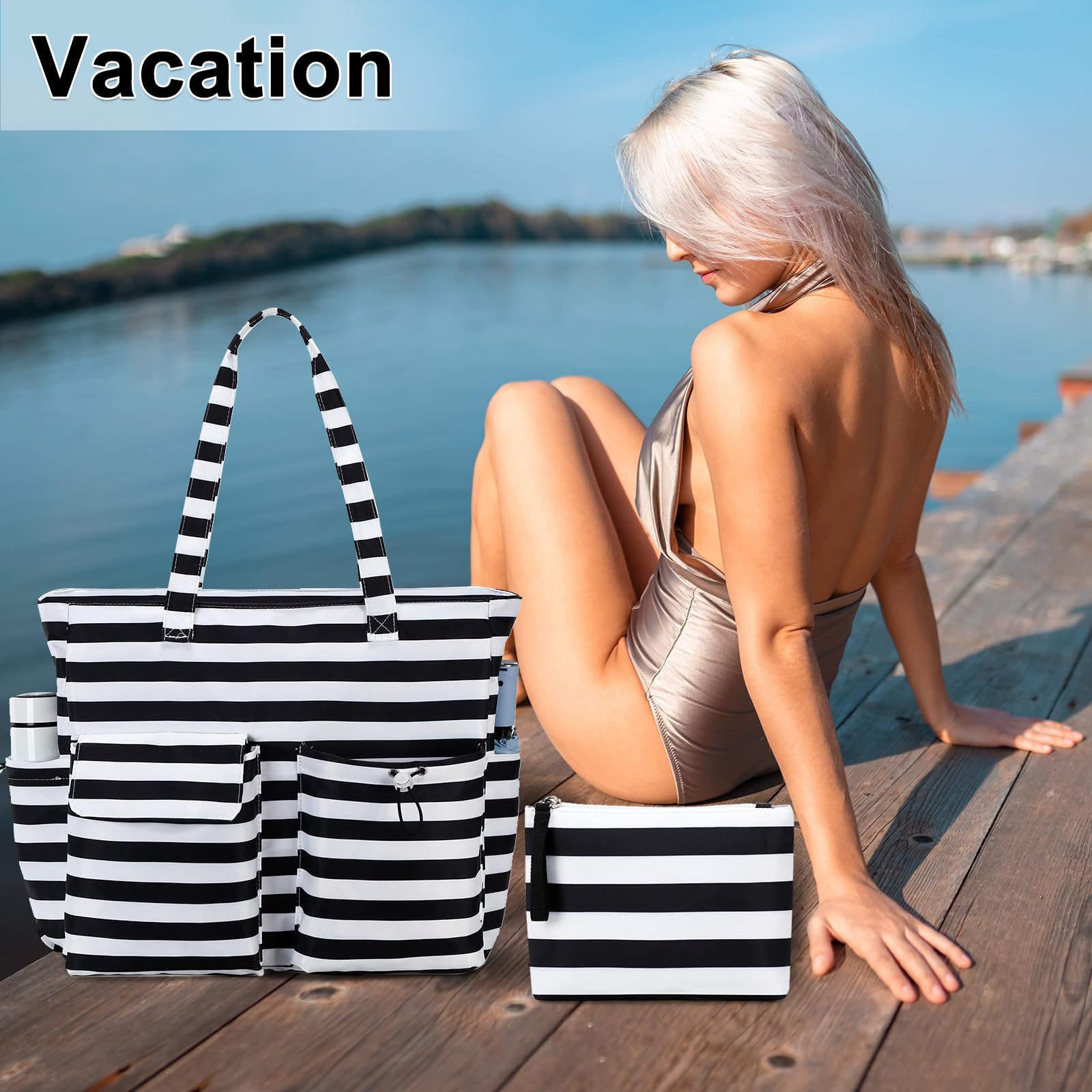 LEDAOU Large Waterproof Beach Tote Bag for Women - Sandproof Zippered Pool & Gym Bag with Wet Pocket - Perfect for Travel, Grocery Shopping & Beach Outings
