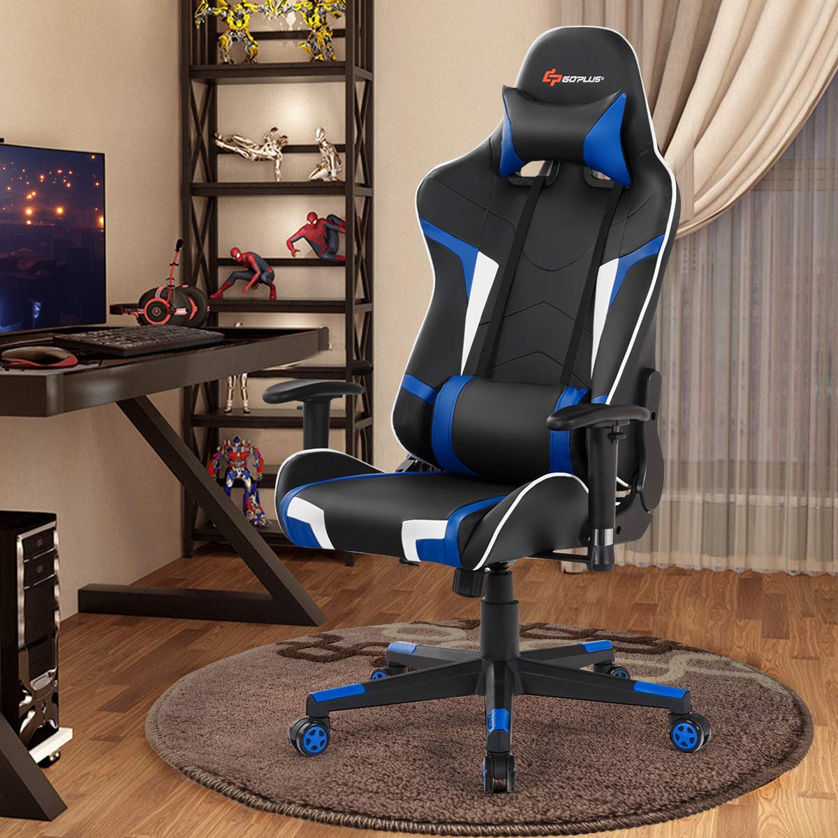 Goplus Ergonomic Gaming Chair - High Back PU Leather Office Chair with Adjustable Arms, Headrest & Massage Function for Computer, Racing & Executive Use - Perfect for Home Office, Gaming Setup & Workstation