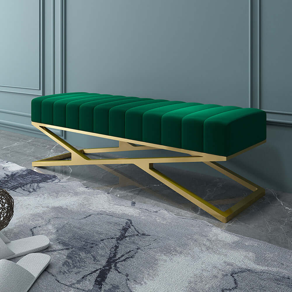 Modern Velvet Upholstered Bedroom Bench with Gold X Base - Orange Storage Ottoman for Bedroom, Living Room & Entryway - Perfect for Seating, Decor & Extra Storage