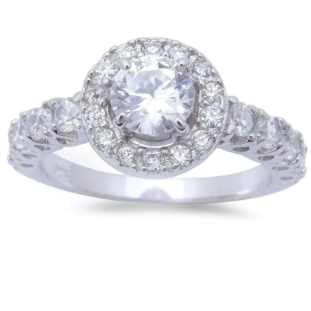 Round Clear Cubic Zirconia Halo Bridal Ring Set in Sterling Silver - Perfect for Engagement, Wedding, Anniversary & Special Occasions