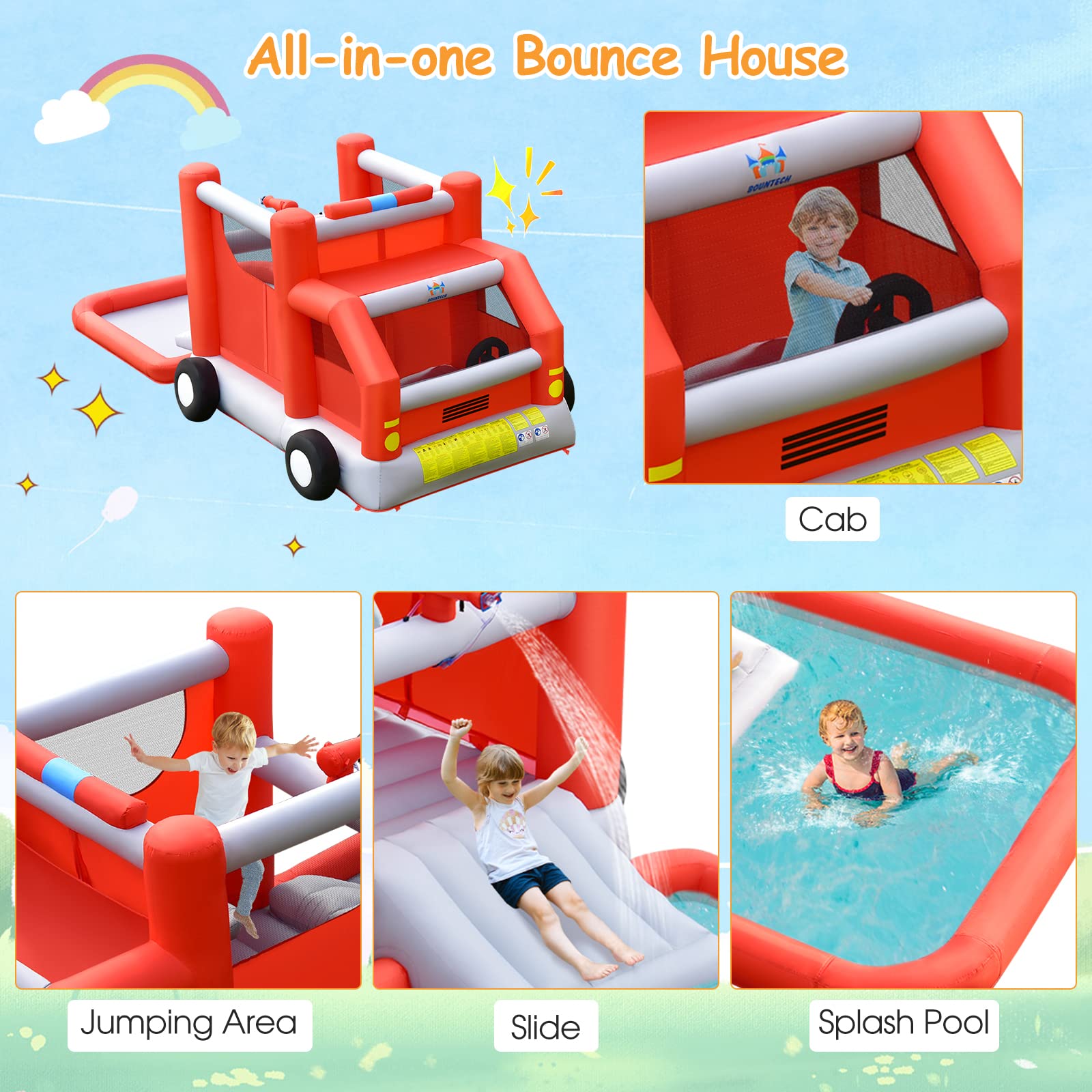 **BOUNTECH Inflatable Water Bounce House - Fire Truck Water Park Bouncy Castle with Slide & Splash Pool, Wet & Dry Combo for Kids Outdoor Play - Perfect for Backyard Birthday Parties, Summer Fun, Boys & Girls Ages 3-12**    *(Use Case: Ideal for backyard parties, summer gatherings, kids' outdoor play, and birthday celebrations!)*