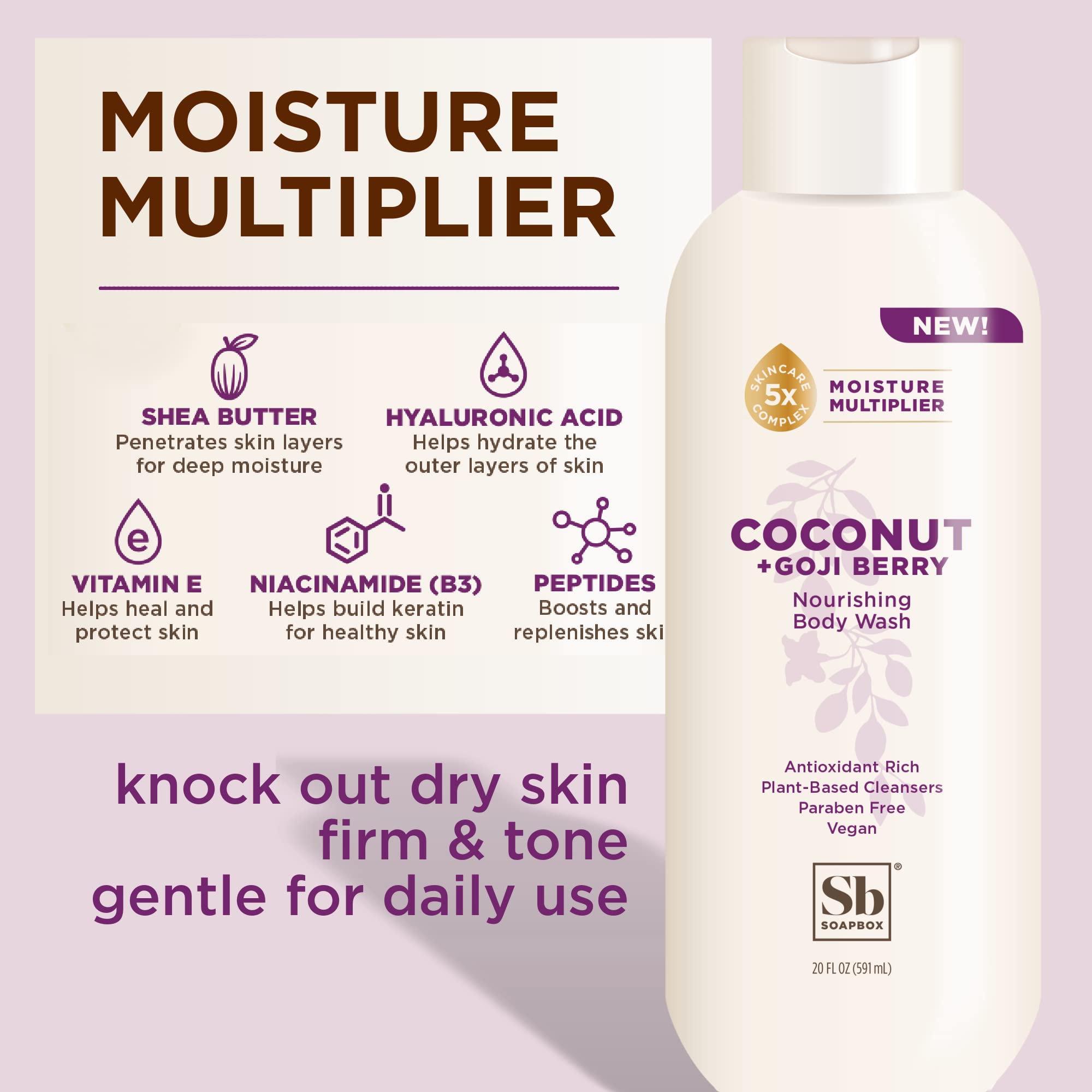 Soapbox Coconut Goji Berry Body Wash for Women & Men - Vegan, Antioxidant Rich Moisturizing Shower Gel with Shea Butter, Peptides & Keratin - Promotes Healthy Skin - 3 Pack (20oz Each) - Perfect for Daily Hydration & Sensitive Skin Care