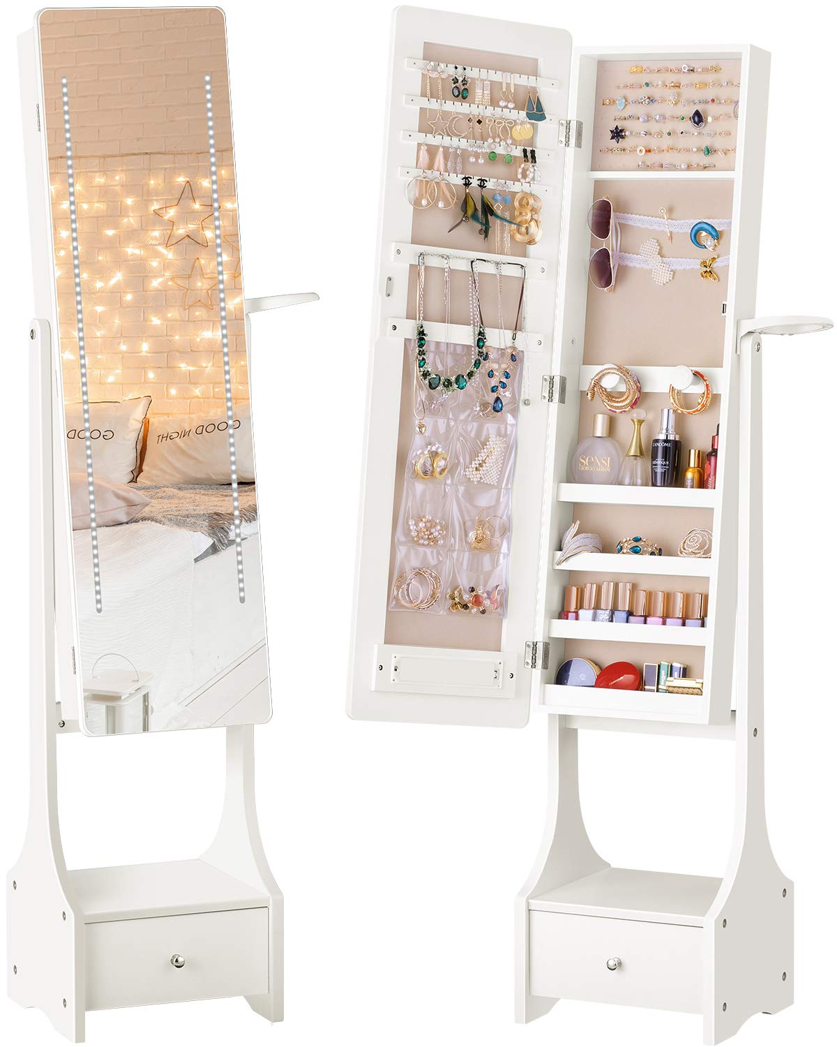 LUXFURNI Full Length Mirror Jewelry Armoire with Storage - Lockable Standing Jewelry Cabinet Organizer for Bedroom, Closet & Dressing Room - White