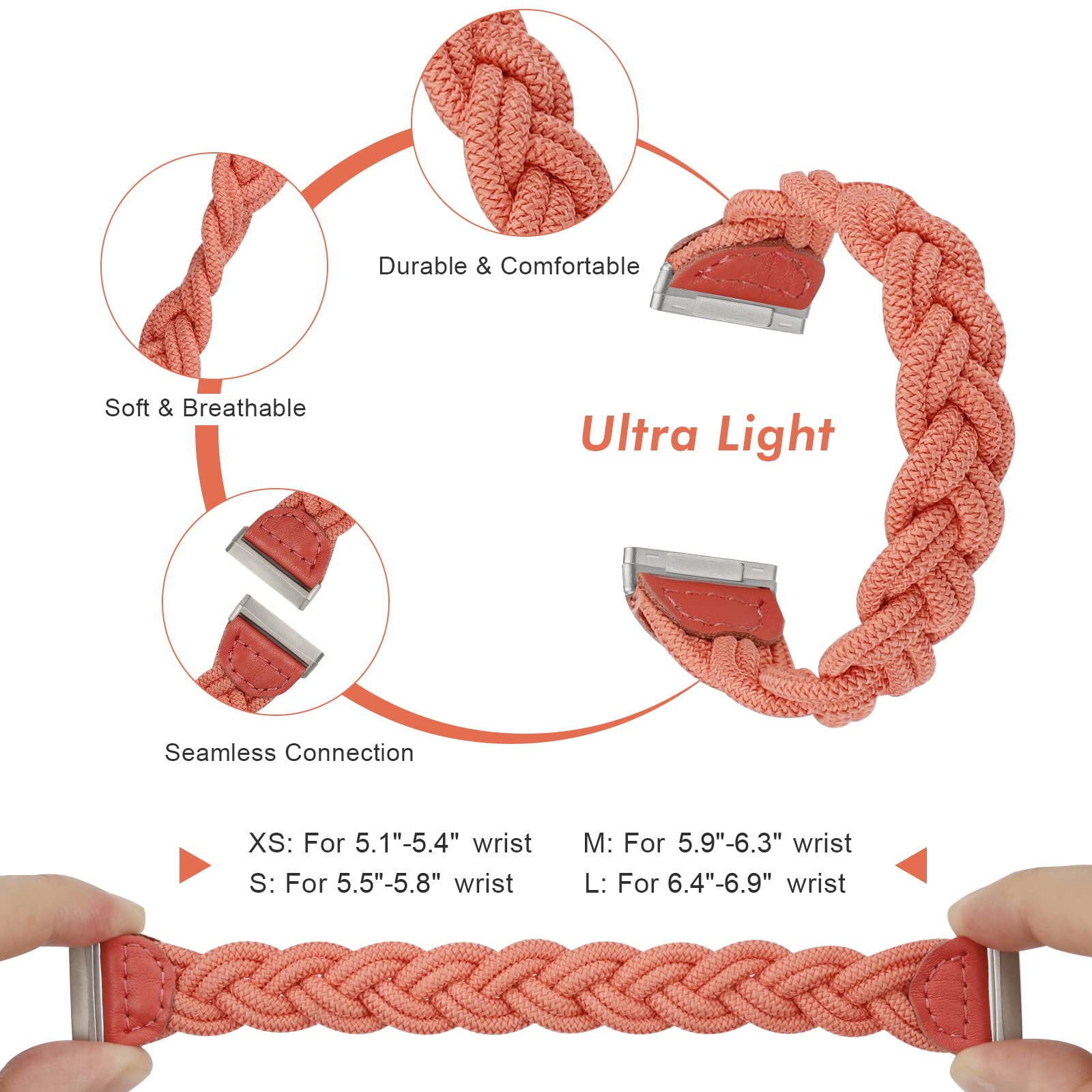 Elastic Braided Solo Loop Band for Fitbit Sense/Sense 2/Versa 3/Versa 4 - Slim Stretchy Woven Wristband Accessory for Women (Hot Pink) | Perfect for Workouts, Running & Everyday Wear