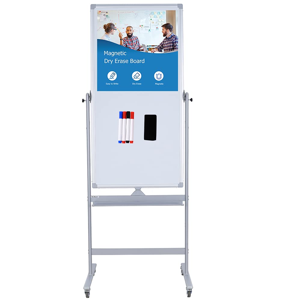360° Reversible Magnetic Mobile Whiteboard 48x24-in - Portable Dry Erase Board with Wheels & Stand for Office, Classroom, Home - Includes 6 Dry Erase Markers & Eraser - Perfect for Presentations, Brainstorming & Teaching