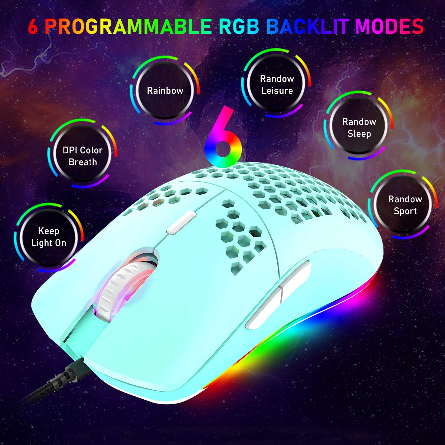 Programmable Wired Gaming Mouse with 6 RGB Lighting Modes & 6400 DPI - Honeycomb Shell Ergonomic Design for PC, Xbox & PS4 Gamers - Perfect for FPS, MOBA & Esports Gaming - Green