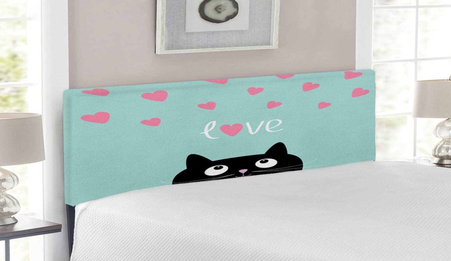 Lunarable Valentine's Day Headboard - Kitty Heart Cat Companions Illustration, Upholstered Decorative Metal Bed Frame with Memory Foam, Queen Size in Seafoam Pink & Black | Perfect for Bedroom Decor, Romantic Gift for Couples, Cat Lovers