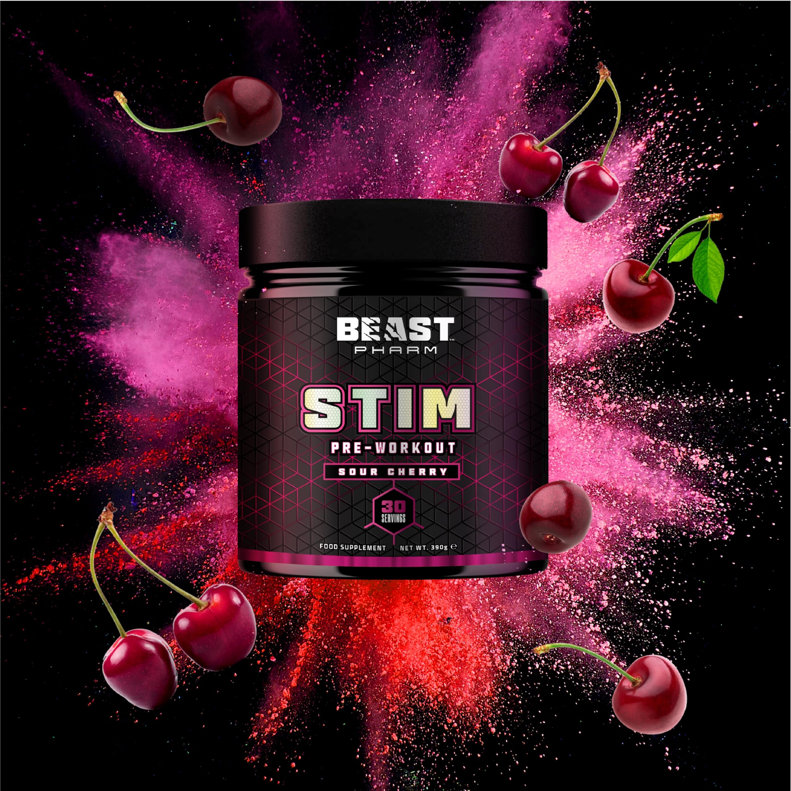 Beast Pharm STIM Pre Workout Powder 390g - Sour Cherry Flavor | Energy & Focus Booster for Gym, Fitness & Bodybuilding | Pre-Workout Supplement for Men & Women