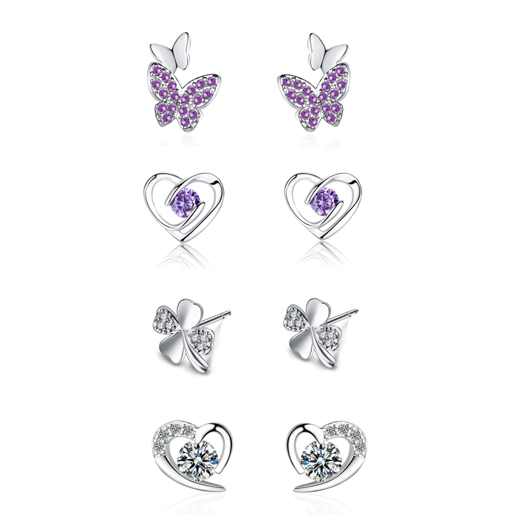 4 Pairs Sterling Silver 925 Stud Earrings for Women & Girls - Tiny Flower, Heart & Butterfly CZ Earrings Set | Hypoallergenic Cubic Zirconia Diamond Studs | Perfect for Everyday Wear, Gifts & Special Occasions