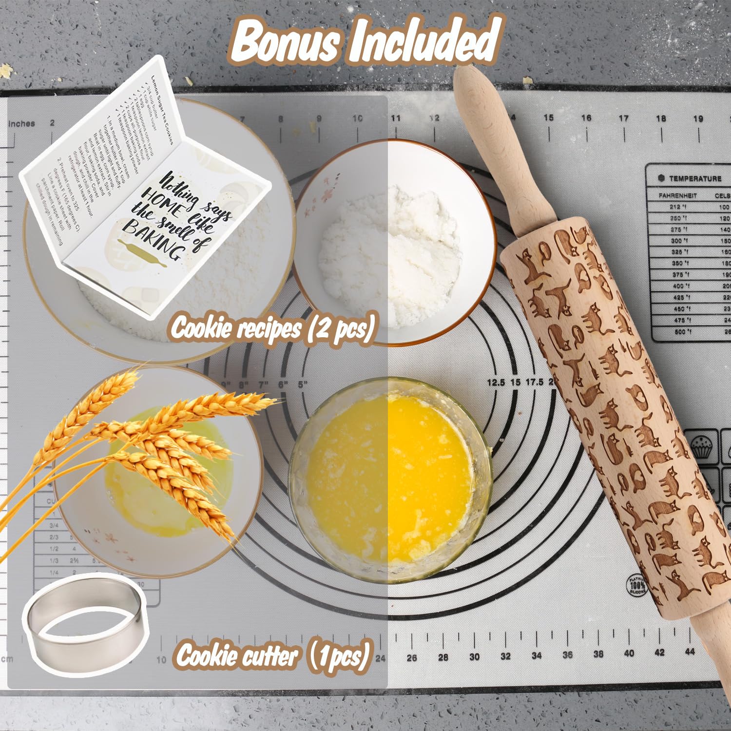 Wooden Embossed Rolling Pin for Baking Cookies - Cat & Heart Design - Engraved Springerle Dough Roller for Animal Patterns, Clay Pottery & Ceramic Stamping - Perfect Gift for Bakers, Women & Kids - Ideal for Holiday Cookies, DIY Crafts & Homemade Pottery Projects