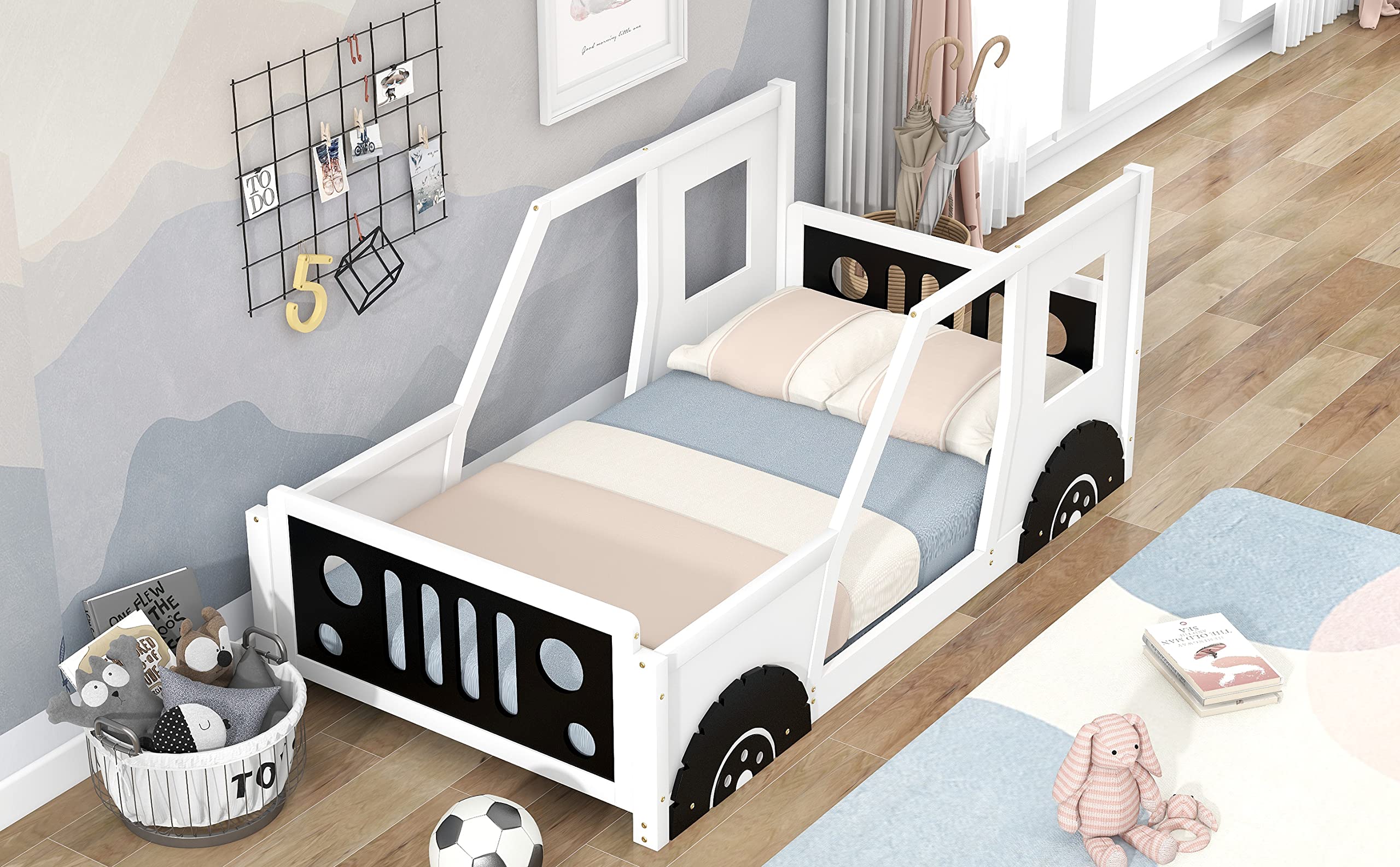 Twin Size Kids Car-Shaped Bed with Wheels - Wooden Montessori Floor Bed for Boys & Girls - Lightning McQueen Themed (White & Black) - Perfect for Toddler Rooms, Playrooms & Montessori Classrooms