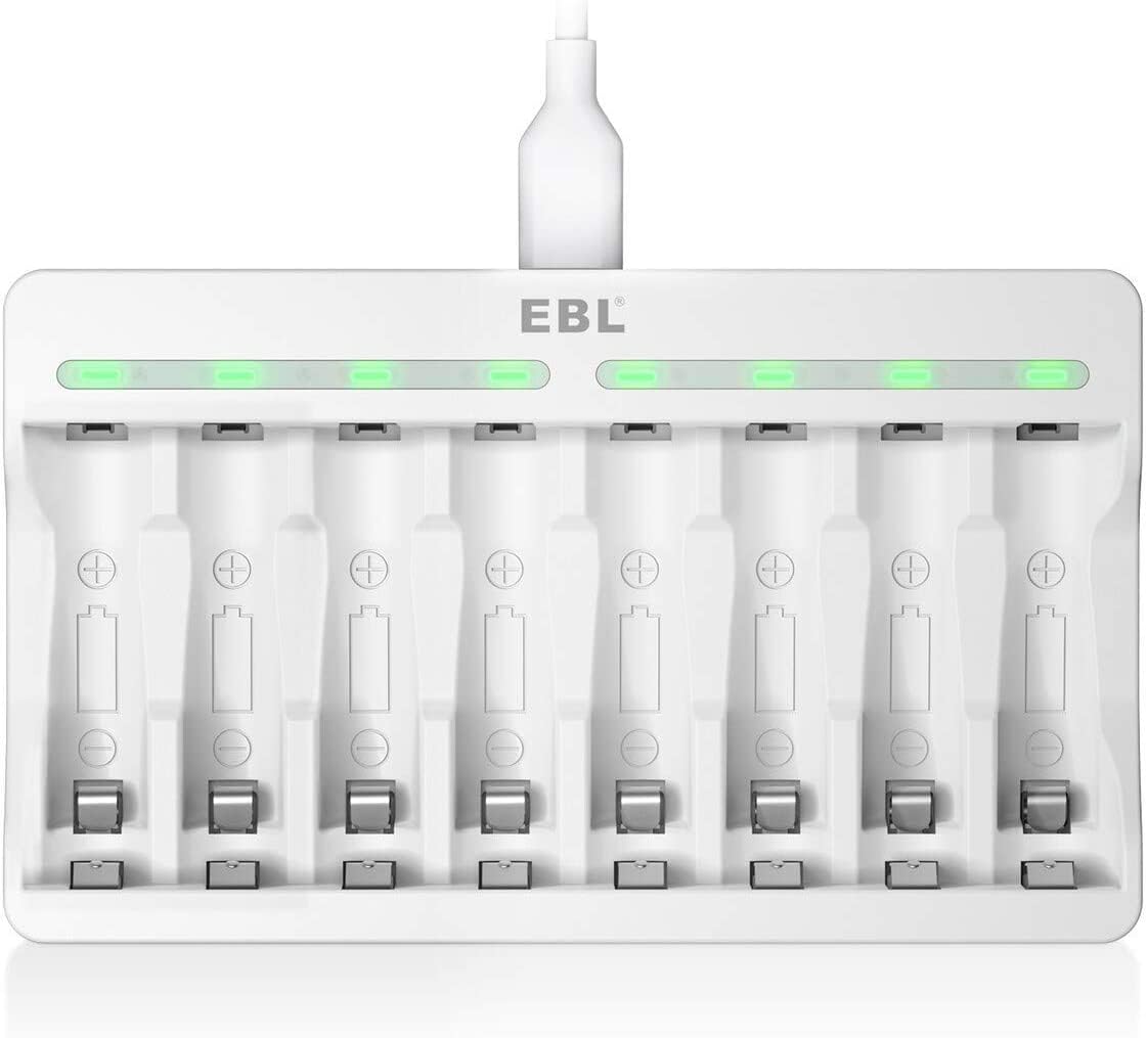 EBL 8 Bay Universal AA AAA Battery Charger with Individual Fast Charging for Ni-MH Ni-CD Rechargeable Batteries - Perfect for Home, Office, and Travel Use