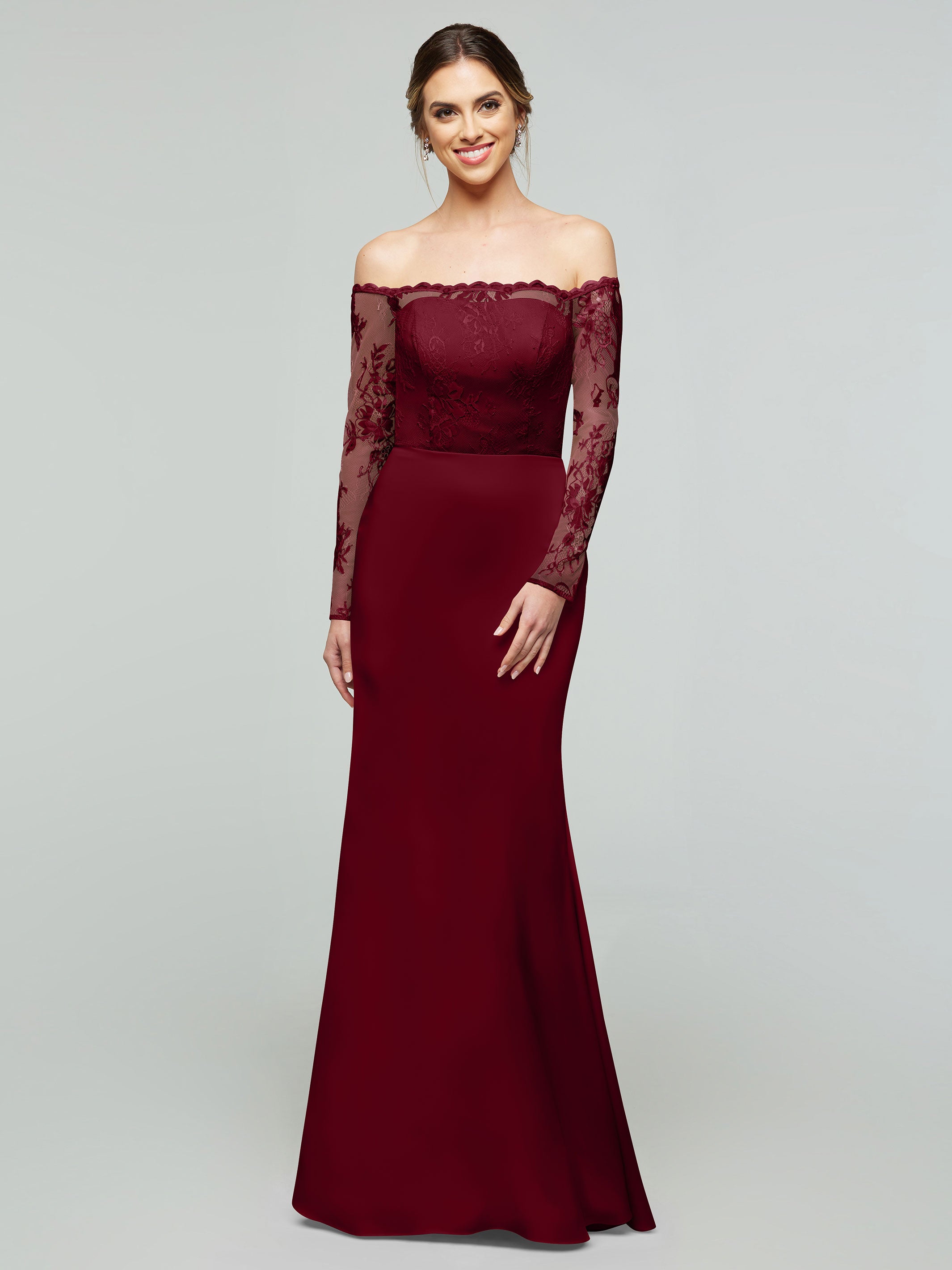 Elegant 80191 Chiffon & Lace Mermaid Bridesmaid Dress with Off-the-Shoulder Long Sleeves - Perfect for Weddings, Formal Events & Evening Parties