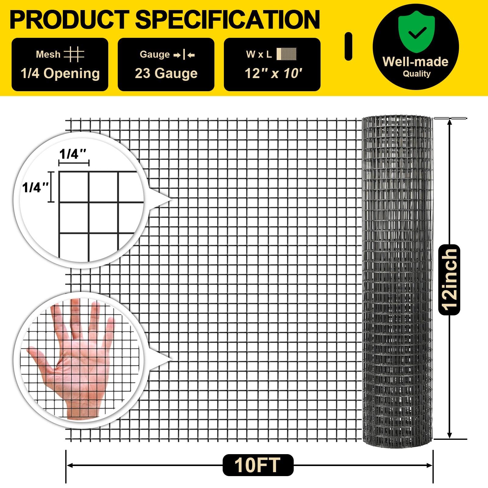 Black PVC Coated Galvanized Steel Wire Mesh Roll 1/4 inch 12