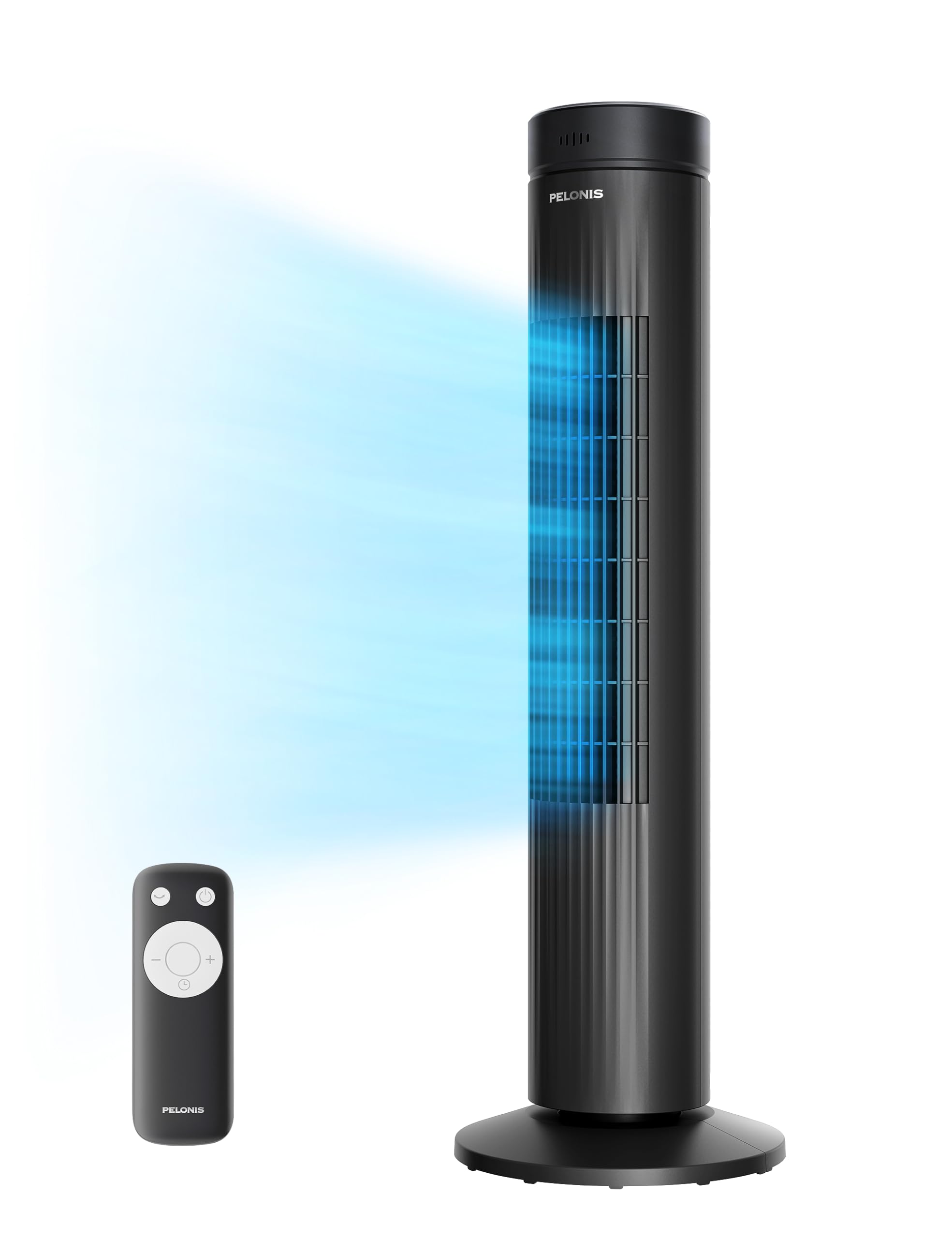Pelonis 30 Inch Bladeless Tower Fan - 3 Speed Settings, 37dB Quiet Operation, Remote Control & 7-Hour Timer - Cooling Fan for Bedroom, Living Room, Office - Black (Ideal for Summer, Night Use & Home Cooling)