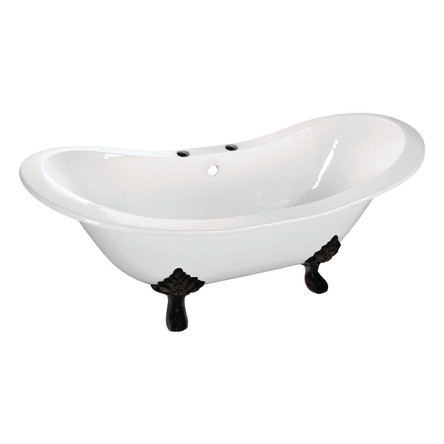 Aqua Eden 61 Inch White Matte Black Cast Iron Oval Double Slipper Clawfoot Bathtub with 7 Inch Faucet Drillings - Vintage Freestanding Soaking Tub for Luxury Bathroom & Spa Retreat
