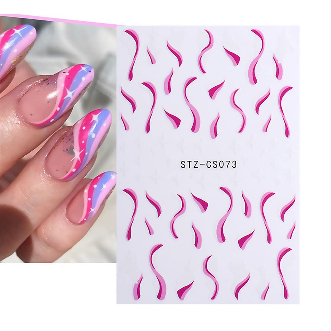 3D Blue Pink Purple Rainbow Line Nail Art Stickers - 6 Sheets Self-Adhesive Curve Stripe Design for French Manicure | Nail Decals for Parties, Weddings, Salon & DIY Nail Art Accessories