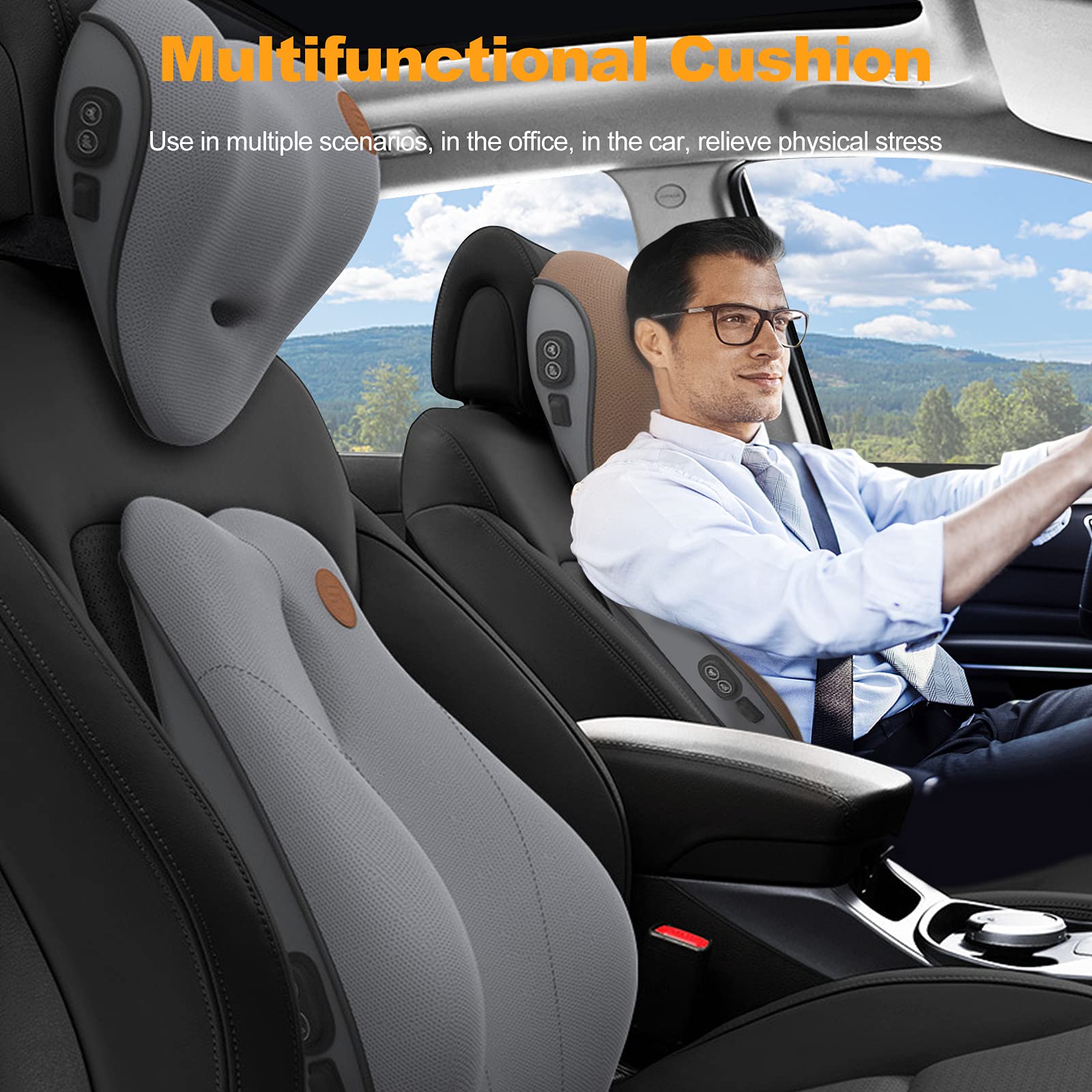 Ergonomic Lumbar Support Pillow for Office Chair, Car Seat & Gaming Chair - Electric Massage Neck Pillow with Breathable Memory Foam & Washable 3D Mesh Cover - Relieves Back Pain & Nape Discomfort (Mocha) - Perfect for Work, Driving & Long Gaming Sessions