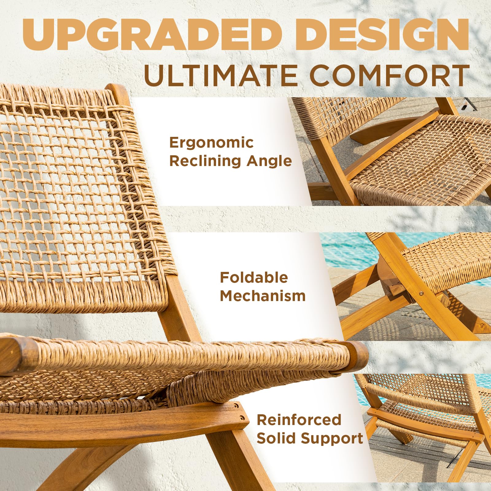 IDZO 400lbs Capacity Twisted Wicker Foldable Reclining Bistro Set of 3 - FSC Certified Acacia Wood Patio Furniture for Outdoor, Garden, Balcony & Indoor Use - Perfect for Backyard Relaxation, Poolside Lounging and Dining Al Fresco
