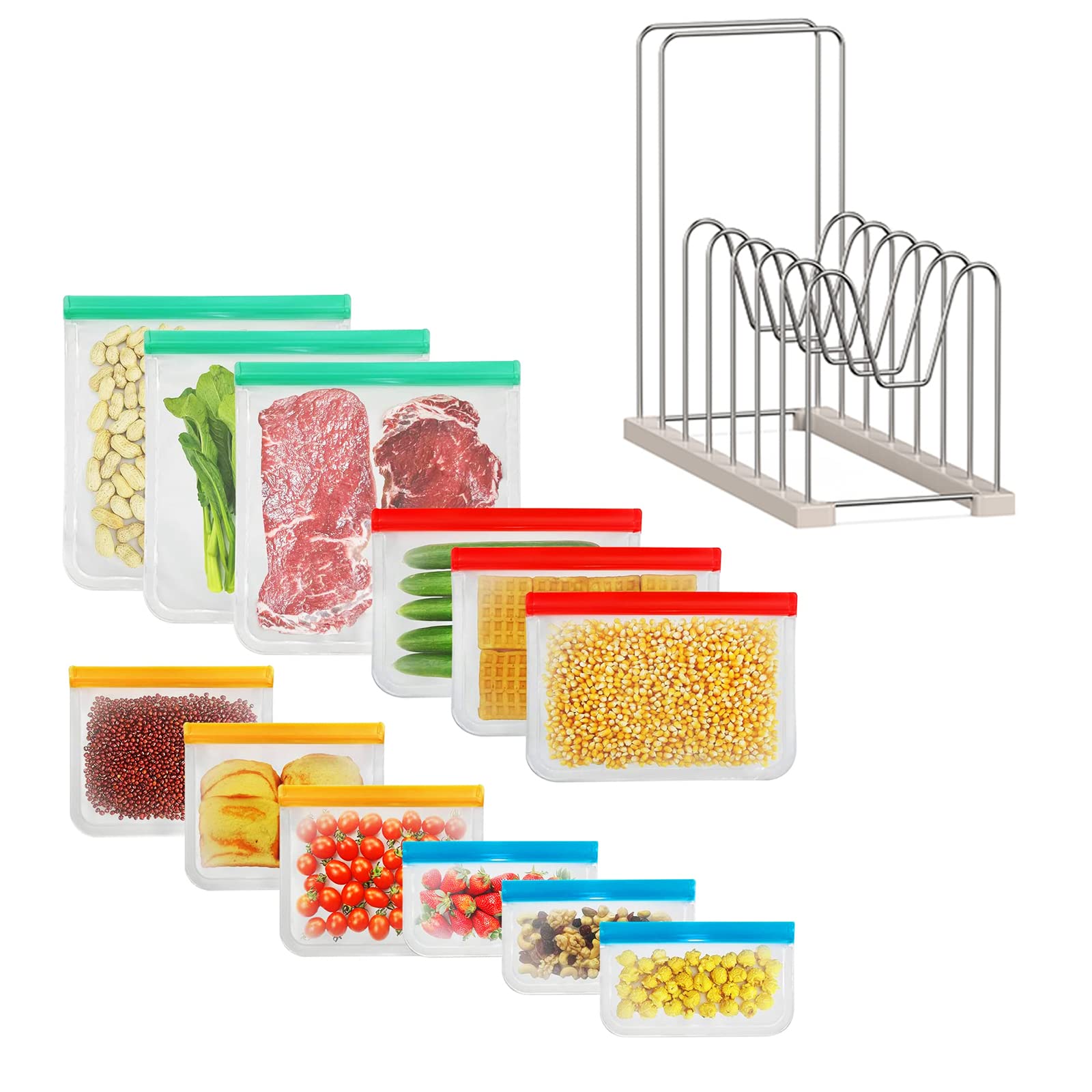 12-Pack Reusable Silicone Storage Bags with Drying Rack - 3 Gallon, 3 Lunch, 3 Sandwich & 3 Snack Bags | Eco-Friendly Freezer & Food Storage Solution for Meal Prep, School Lunches & Kitchen Organization