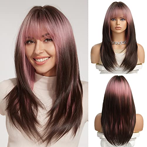 Brown Pink Ombre Heat Resistant Synthetic Wig for Women - Perfect for Cosplay, Daily Wear & Special Occasions