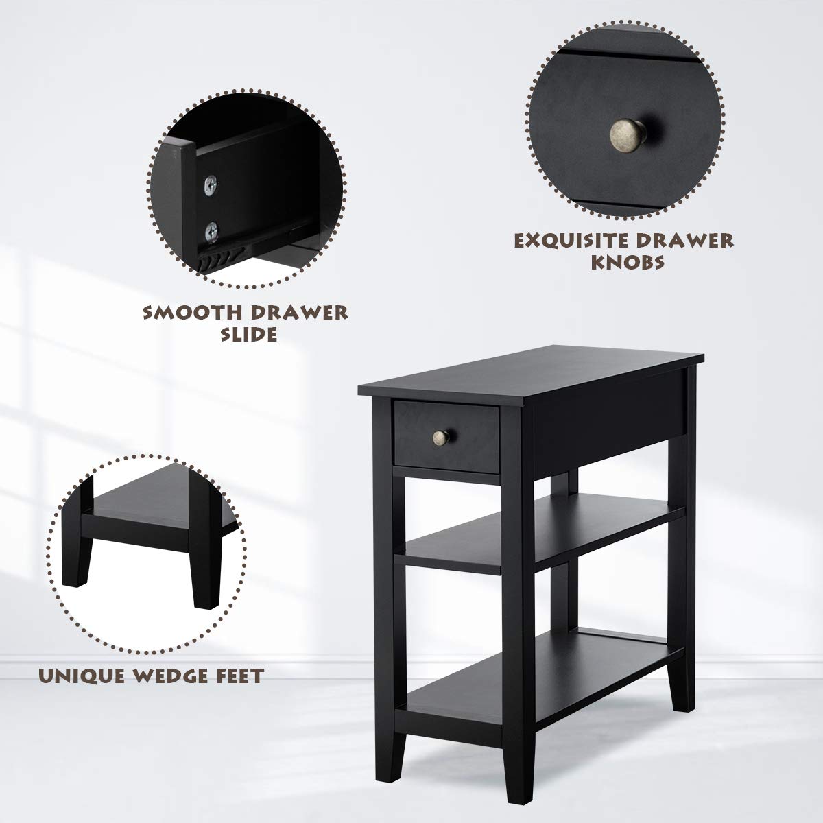 Giantex Narrow End Table Set of 2, Small Side Table with Drawer and Shelf, Wood Accent Sofa Table, Skinny Nightstand for Small Space - Perfect for Living Room, Bedroom, Office or Dorm (Black)