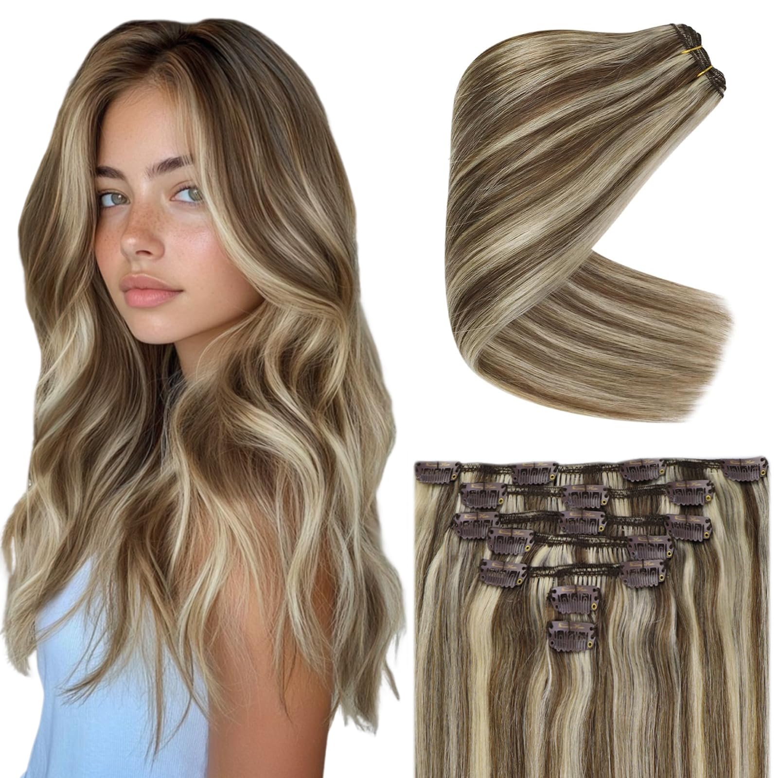 Ve Sunny 24 Inch Clip-in Human Hair Extensions - Remy Hair, Brown Blonde with Light Brown & Platinum Blonde Highlights (7pcs, 120g) for Everyday Styling & Special Occasions