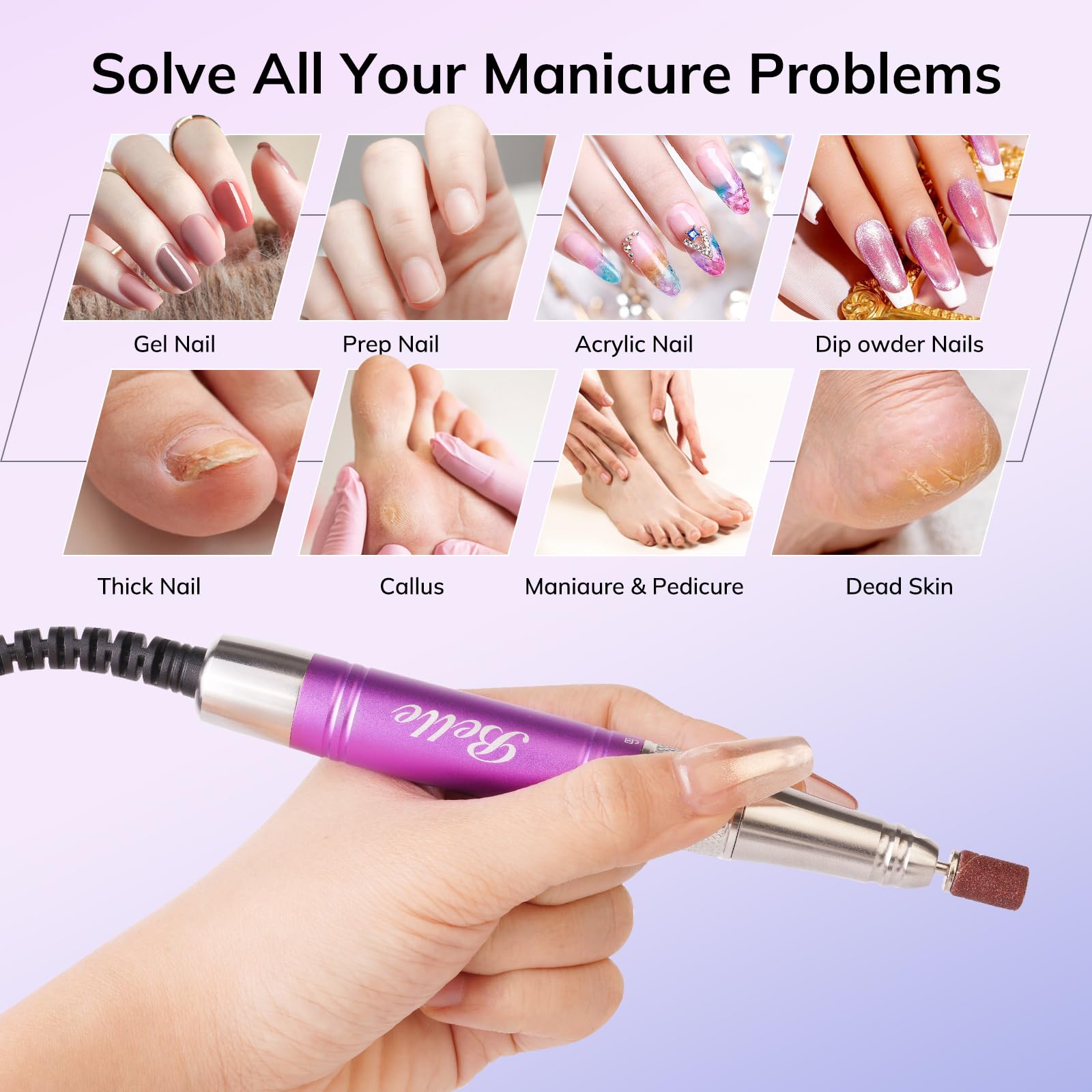 Belle Professional Nail Drill Machine - 35000RPM Brushless Motor, Cordless Rechargeable Nail File for Acrylic & Gel Nails with Diamond Charging Base & Carrying Case (Bling Purple) | Perfect for Salon, Home Manicures & Nail Art DIY