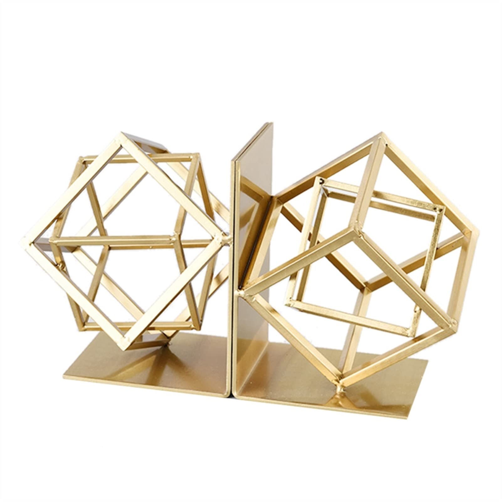 Geometric Bookends for Shelves - 2 Pack Cubic Decorative Book Holders for Lightweight & Heavy Books - Gold Home & Office Shelf Organizer - Perfect for Bookshelves, Desks, and Office Decor