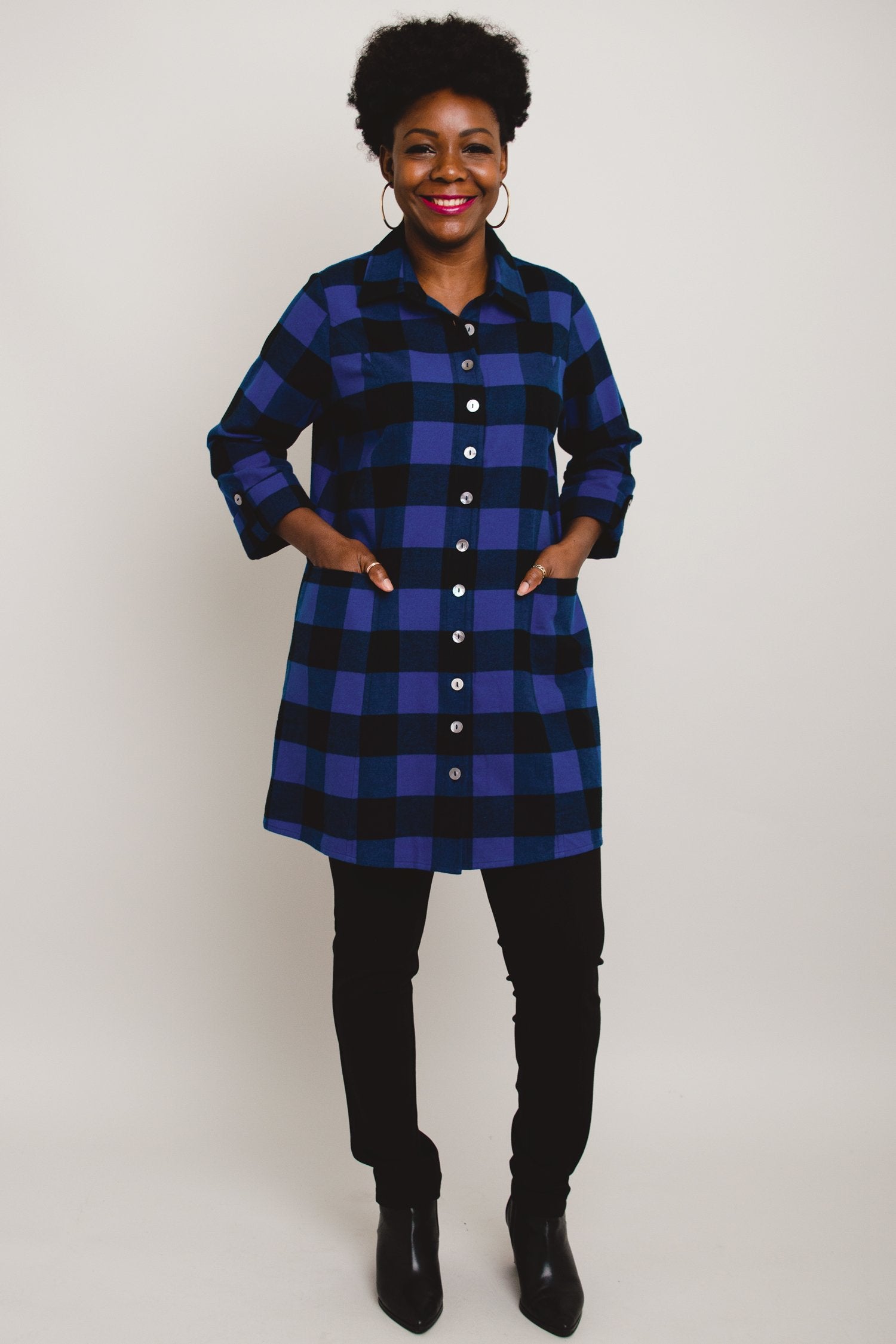 Larissa Tunic Top - Blue Plaid Cotton Flannel Shirt for Women | Cozy Fall & Winter Layering Piece
