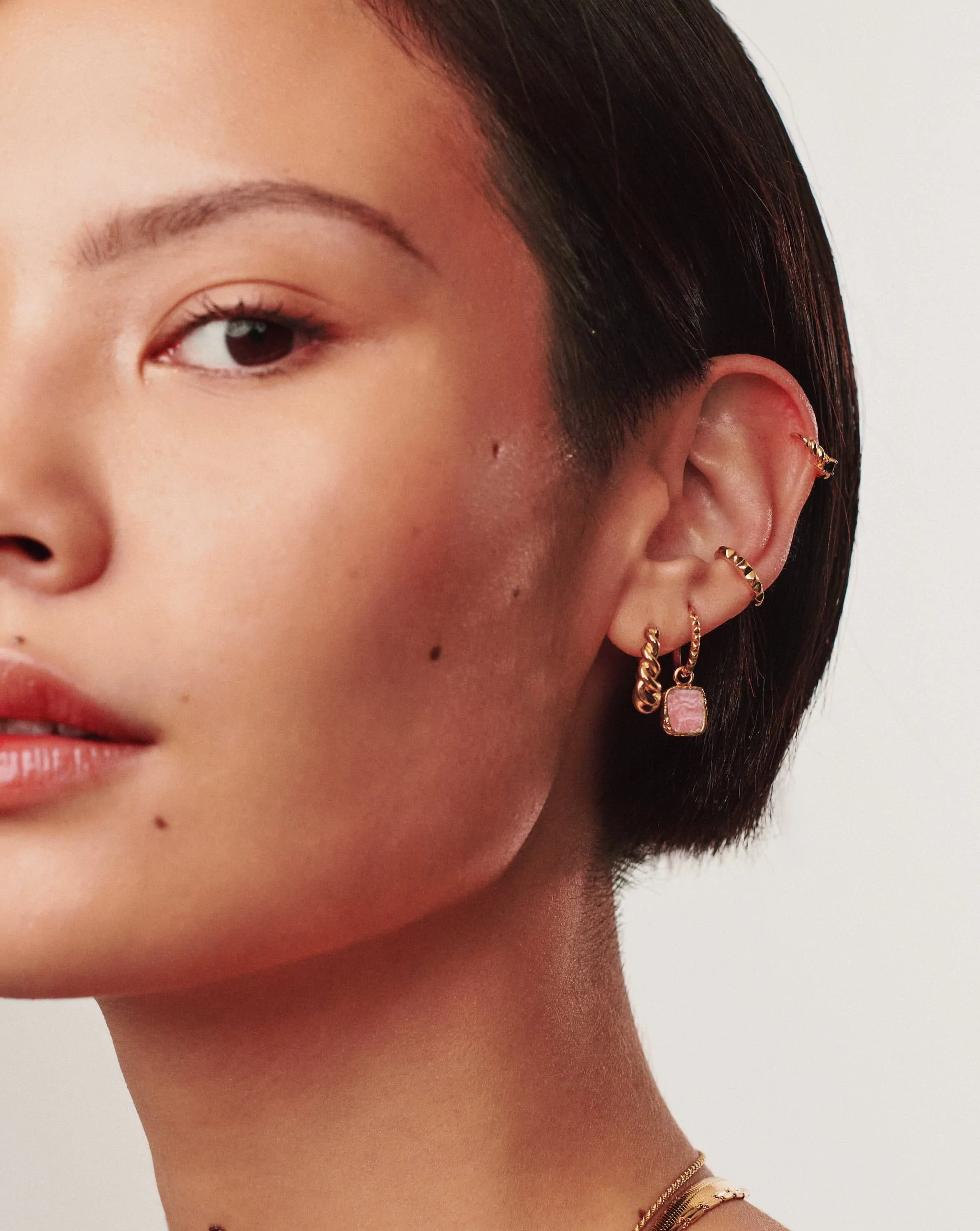 Mini Pyramid Charm Hoop Earrings - 18k Gold Vermeil & Rhodochrosite Gemstone Dangle Earrings for Women | Trendy Boho Jewelry Gift for Everyday Wear, Date Night & Special Occasions