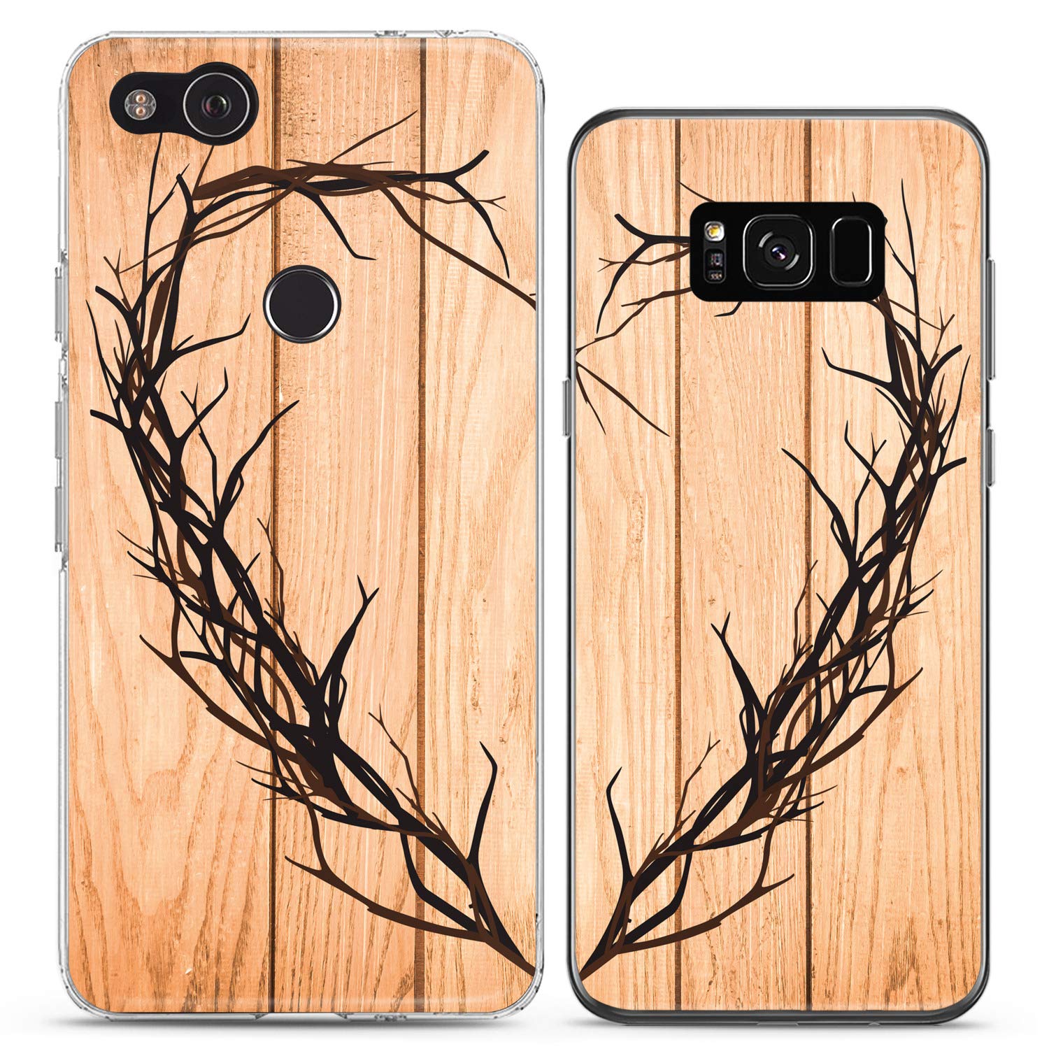 Matching Couple Phone Cases Compatible with iPhone 16/15/14/13/12/11 Pro Max/Mini/XS/X/8 Plus/7+/XR/10/SE/5 - Wood Texture Heart Tree Branch Design Cute Silicone Cover for Anniversary Gifts, Couples & Friends - Perfect for Valentine's Day, Wedding Gifts & Relationship Milestones
