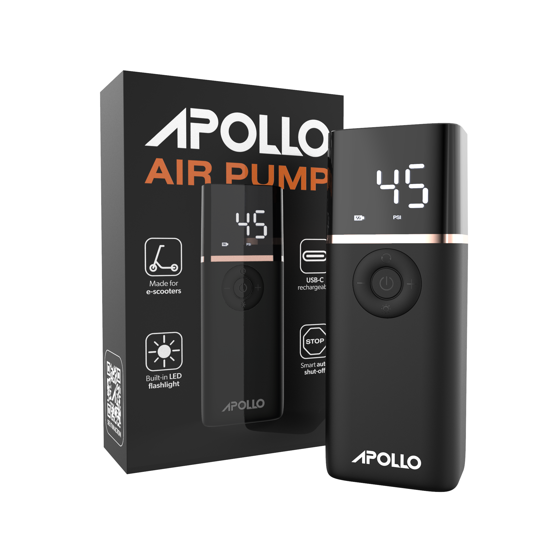 Apollo Powered Air Pump - Portable Electric Air Compressor for Inflating Tires, Sports Balls & Pool Floats - Perfect for Camping, Travel & Emergency Car Use
