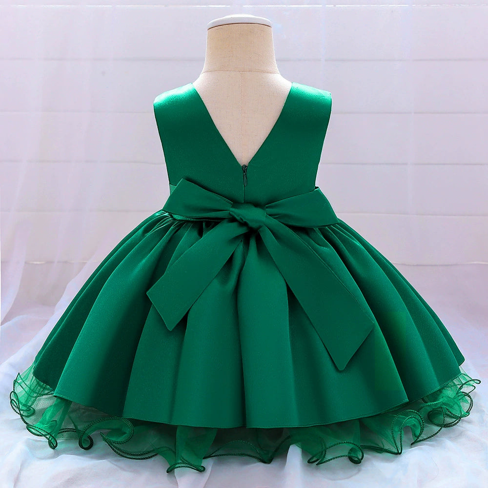 Green Princess Round Tea Length Satin Flower Girl Dress for Weddings & Special Occasions