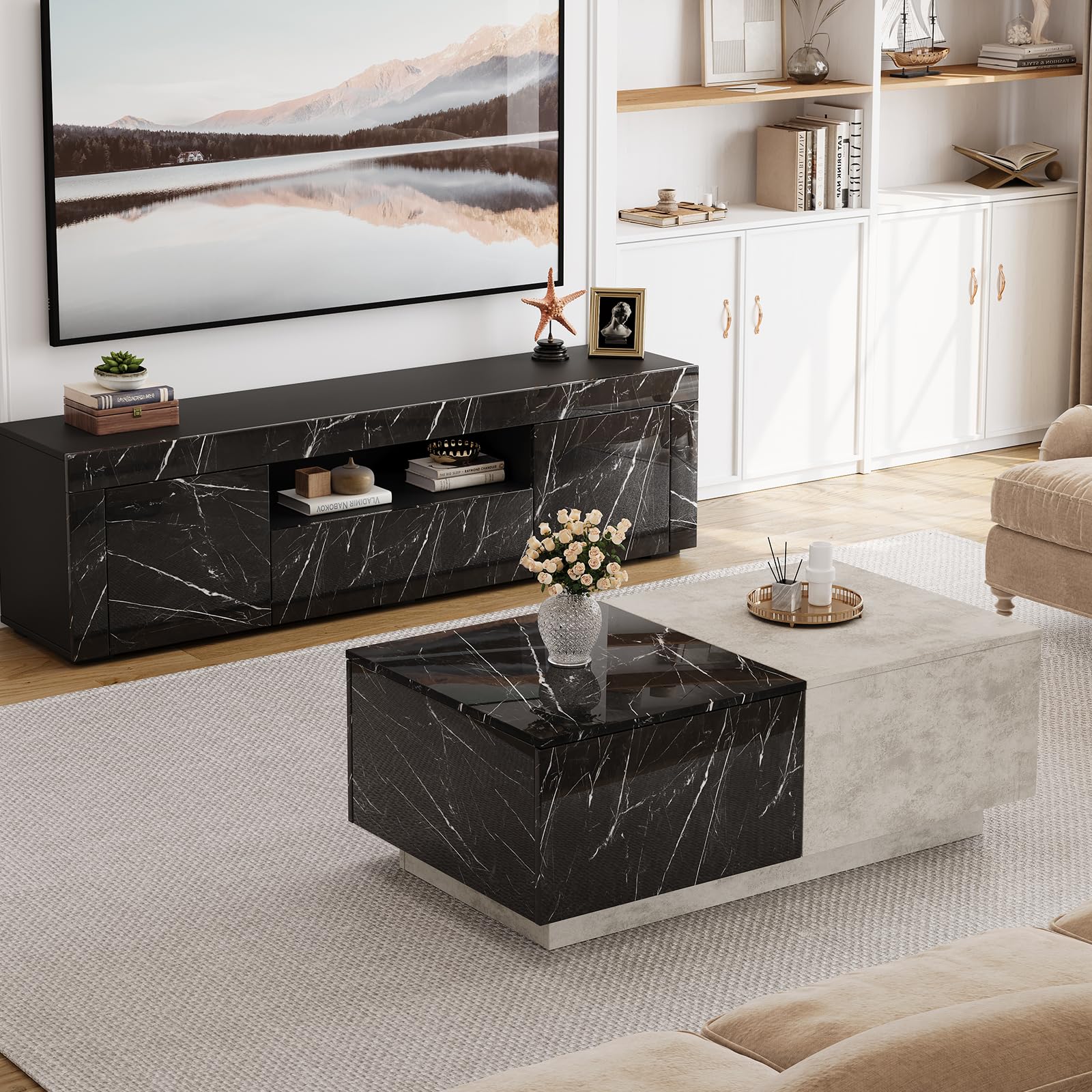 Modern High Gloss TV Stand and Coffee Table Set with LED Lighting - 63