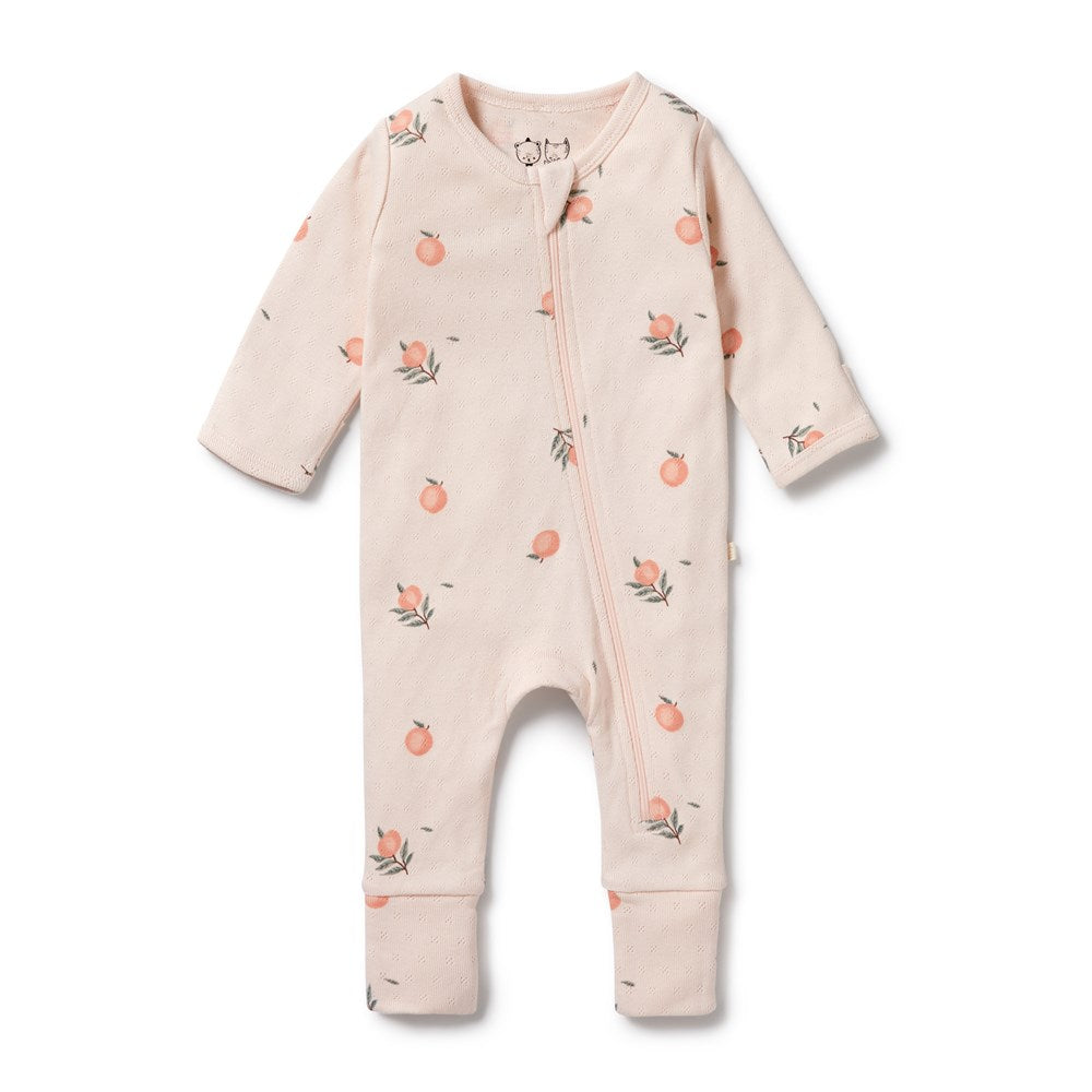 Organic Cotton Peaches Pointelle Zipsuit with Feet - Soft Baby Sleepwear for Newborns & Infants | Perfect for Nursery, Daycare & Snuggling