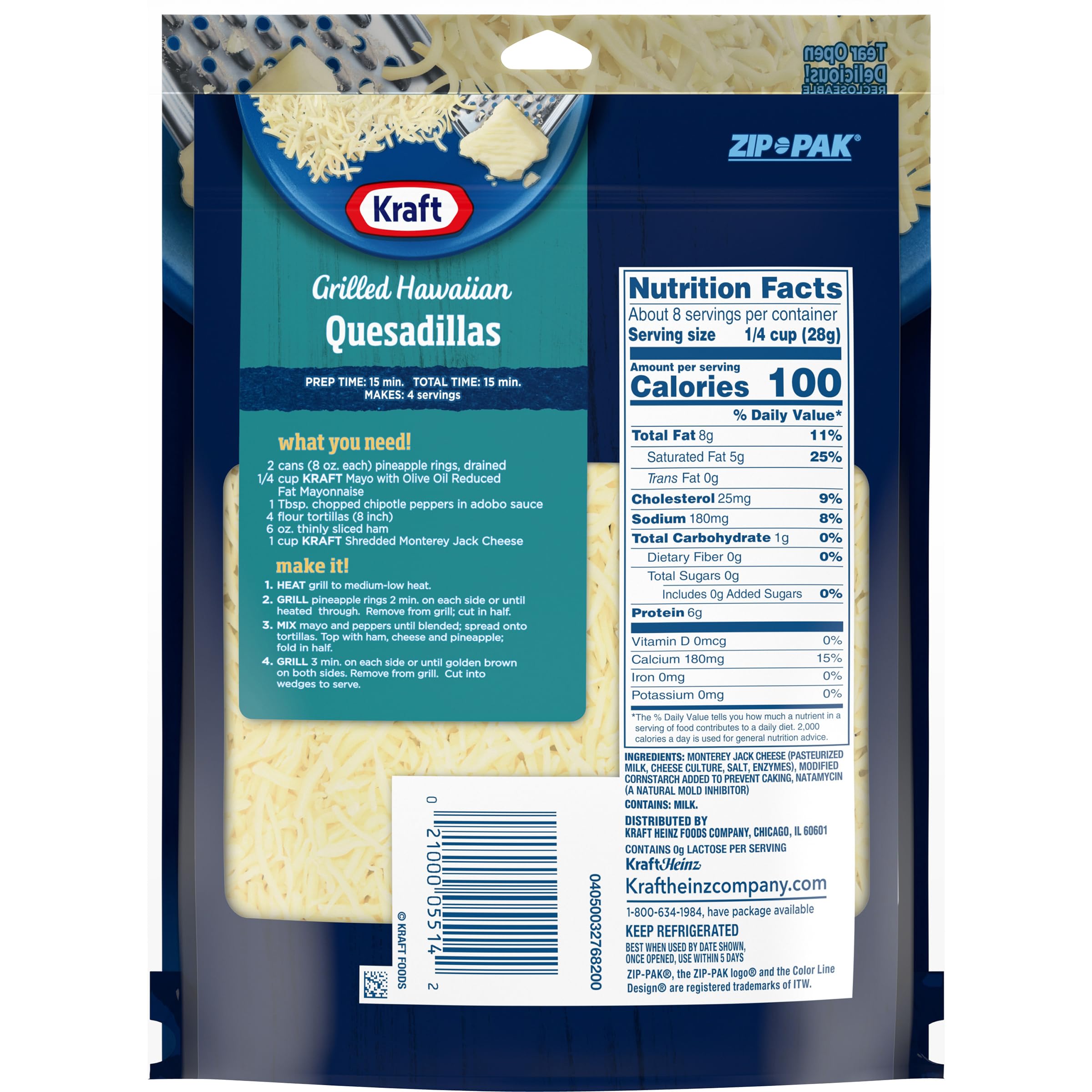 Kraft Monterey Jack Shredded Cheese - 8 oz | Melts Perfectly for Nachos, Tacos & Casseroles | High-Quality Shredded Cheese for Cooking & Baking