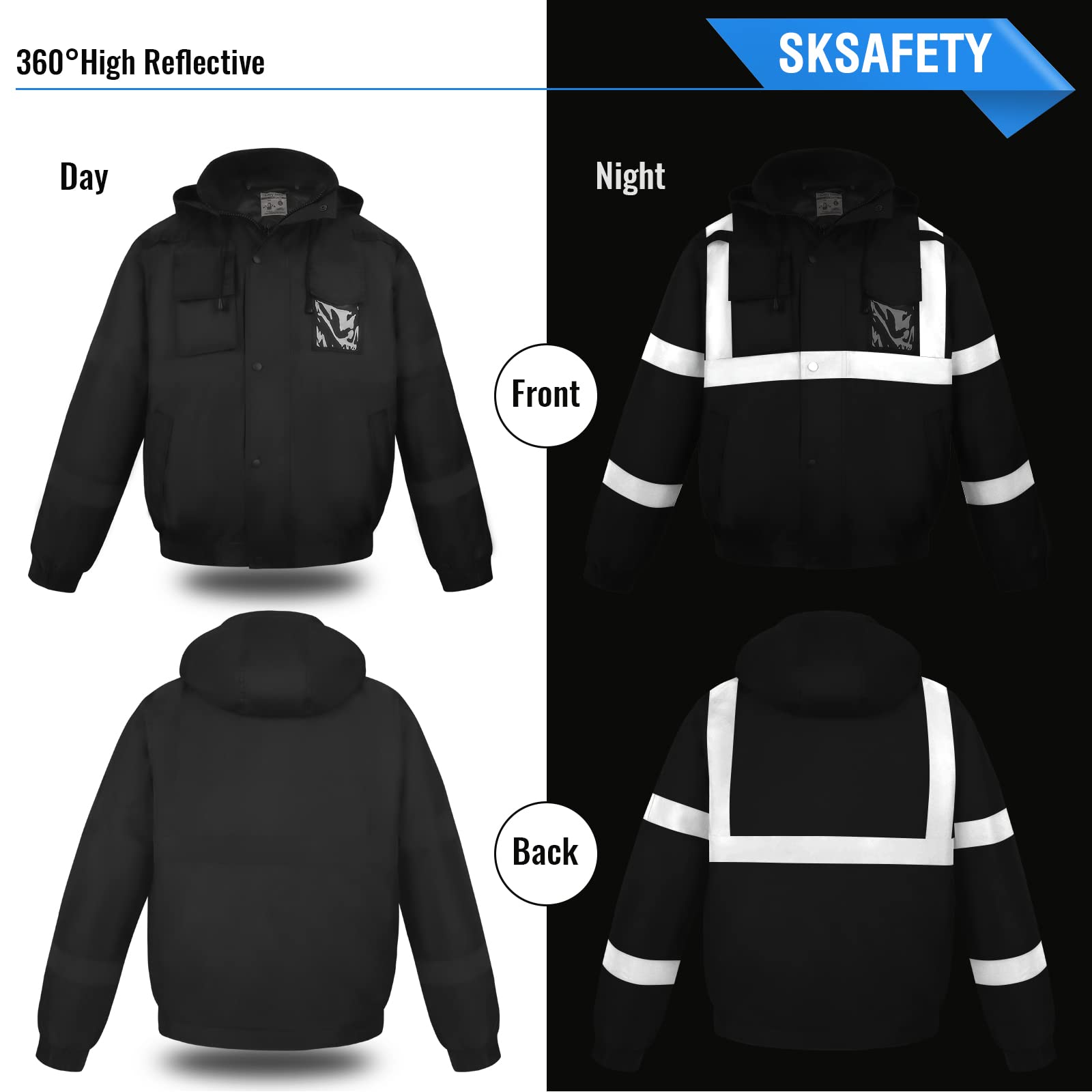 SKSAFETY High Visibility Reflective Waterproof Safety Jacket for Men with Pockets - Black Winter Work Construction Coat for Cold Weather - Large Size (1 Pack) - Ideal for Road Workers, Construction Sites & Outdoor Winter Activities