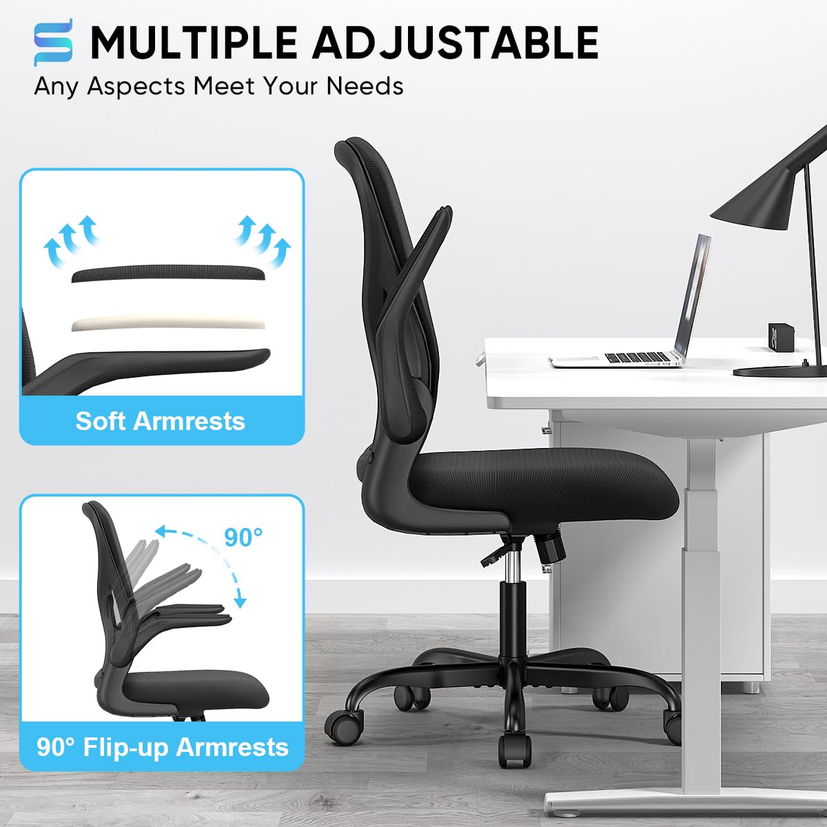 Sytas Ergonomic Office Chair with Adjustable Flip-Up Arms & Lumbar Support - Breathable Mesh Back & Padded Seat for Home Office, Gaming, or Workspace (Black) - Perfect for Long Hours of Sitting & Computer Work