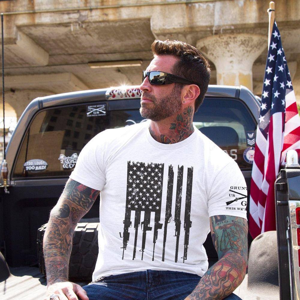 Rifle Flag T-Shirt - Patriotic American Flag Gun Design - White Cotton Tee for Men & Women - Perfect for 2A Supporters, Shooting Range, and Outdoor Activities