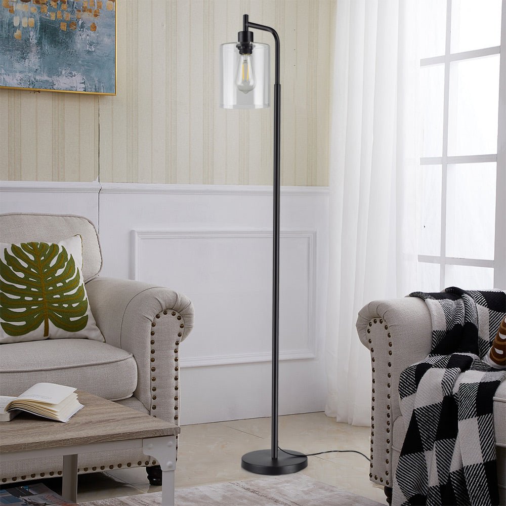 Modern Farmhouse Floor Lamp - Tall Metal Reading Light with Hanging Glass Shade, Industrial Standing Pole Lamp in Brass Finish for Living Room, Bedroom, Office - Includes Bulb - Perfect for Cozy Reading Nooks and Stylish Home Decor